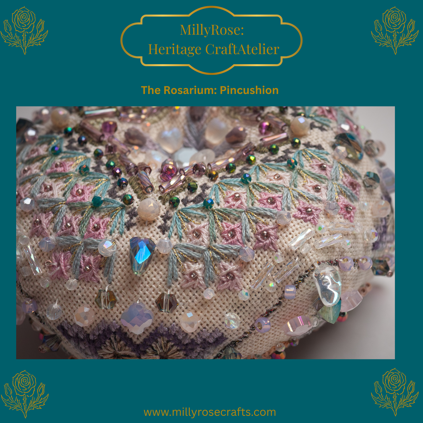 "Rosarium Pincushion" Luxury 3D Needlework Kit – The Garden Series 2 by IMake – Double-Sided Hand-Dyed Silk, Zweigart Linen & Beading Set