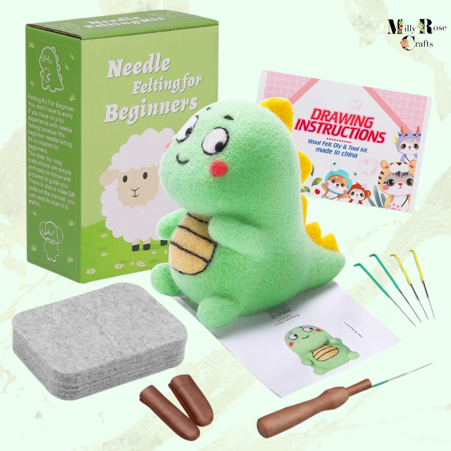 Amigurumi Dragon Needle Felting Kit, Beginner Dinosaur Needle Felting Adult,  Wool Felting Mat Perfect Craft Gift Idea Set 2