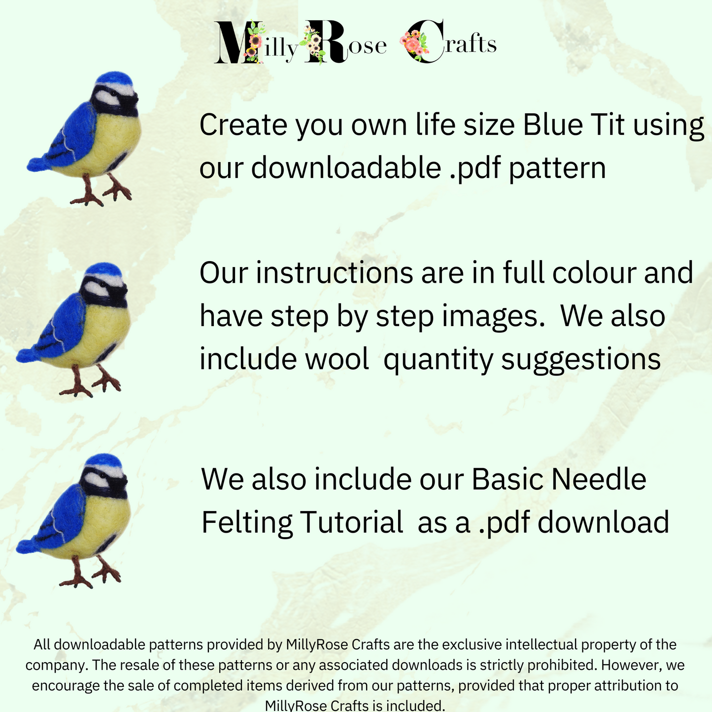 Blue Tit Needle Felting Pattern Beginner's Needle Felting Guide Download MillyRose Crafts