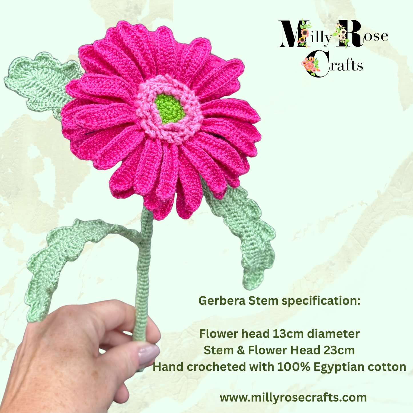 Artisan Hand-Crocheted Gerbera – 100% Egyptian Cotton – Poseable Wired Flower