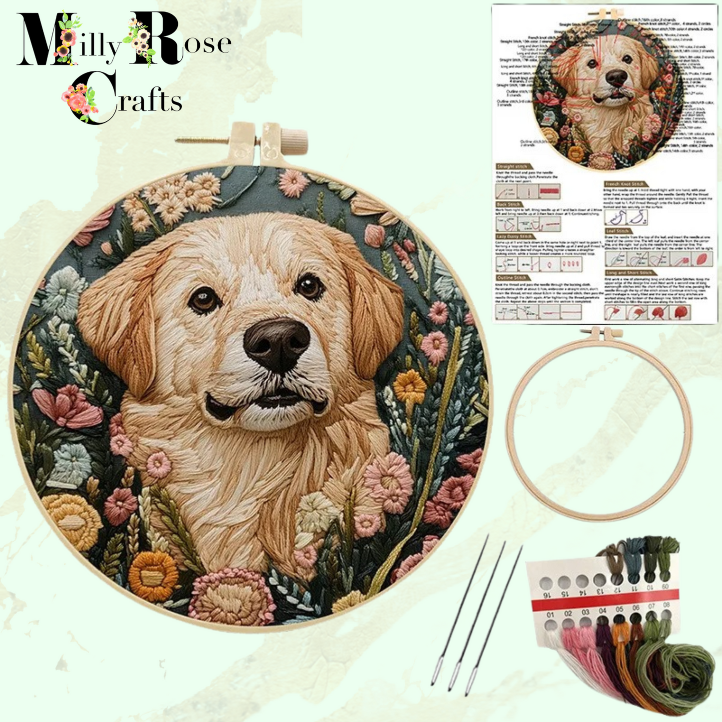 Retriever Dog Embroidery Kit Expert Embroidery Adults Terrier Embroidery Cross Stitch English Instruction Thread Painting Needles 15cm Hoop