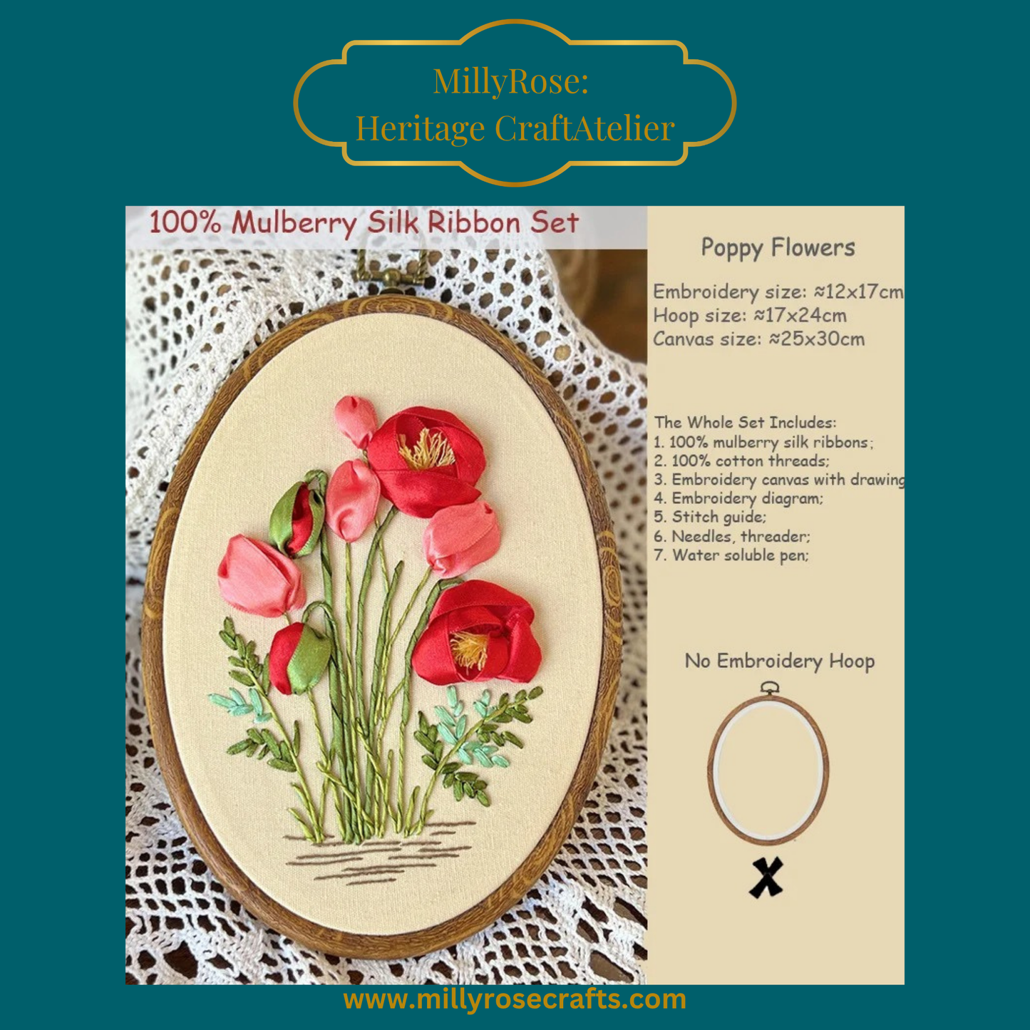 Red Poppies Silk Ribbon Embroidery Kit | Premium Mulberry Silk Floral Design | Heritage Craft Atelier