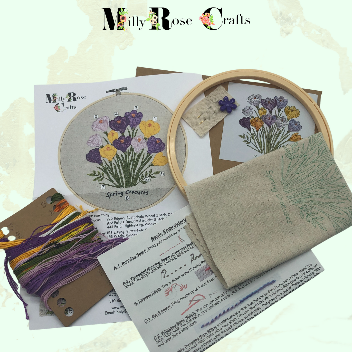 Crocus Embroidery Kit Spring Crocuses Flower Beginner Friendly Pre Stamped Linen/Cotton Embroidery Cloth Cross Stitch 20cm Hoop Craft Gift