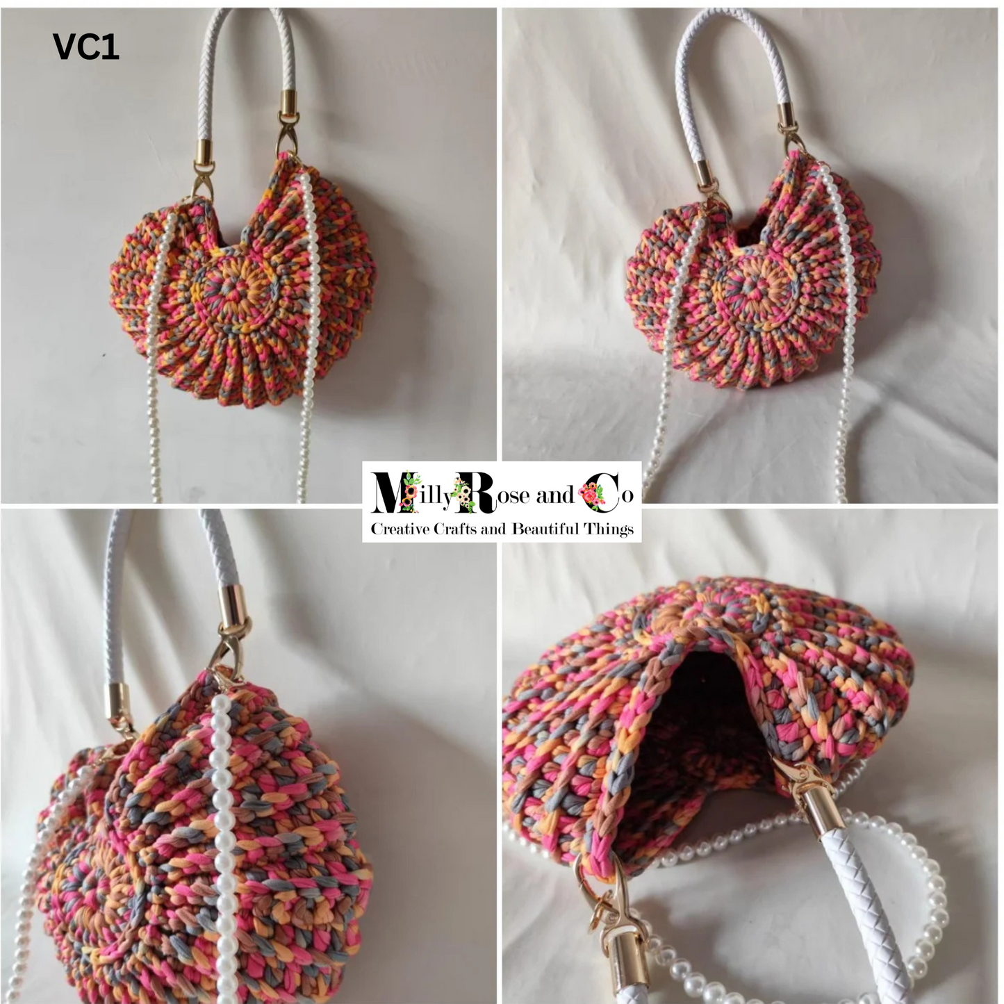 Crochet Nautilus Shell Hand Bag Handmade Shell Cross Body Variegated Colour Novelty Conch Bag Pearl Chain Gift Idea