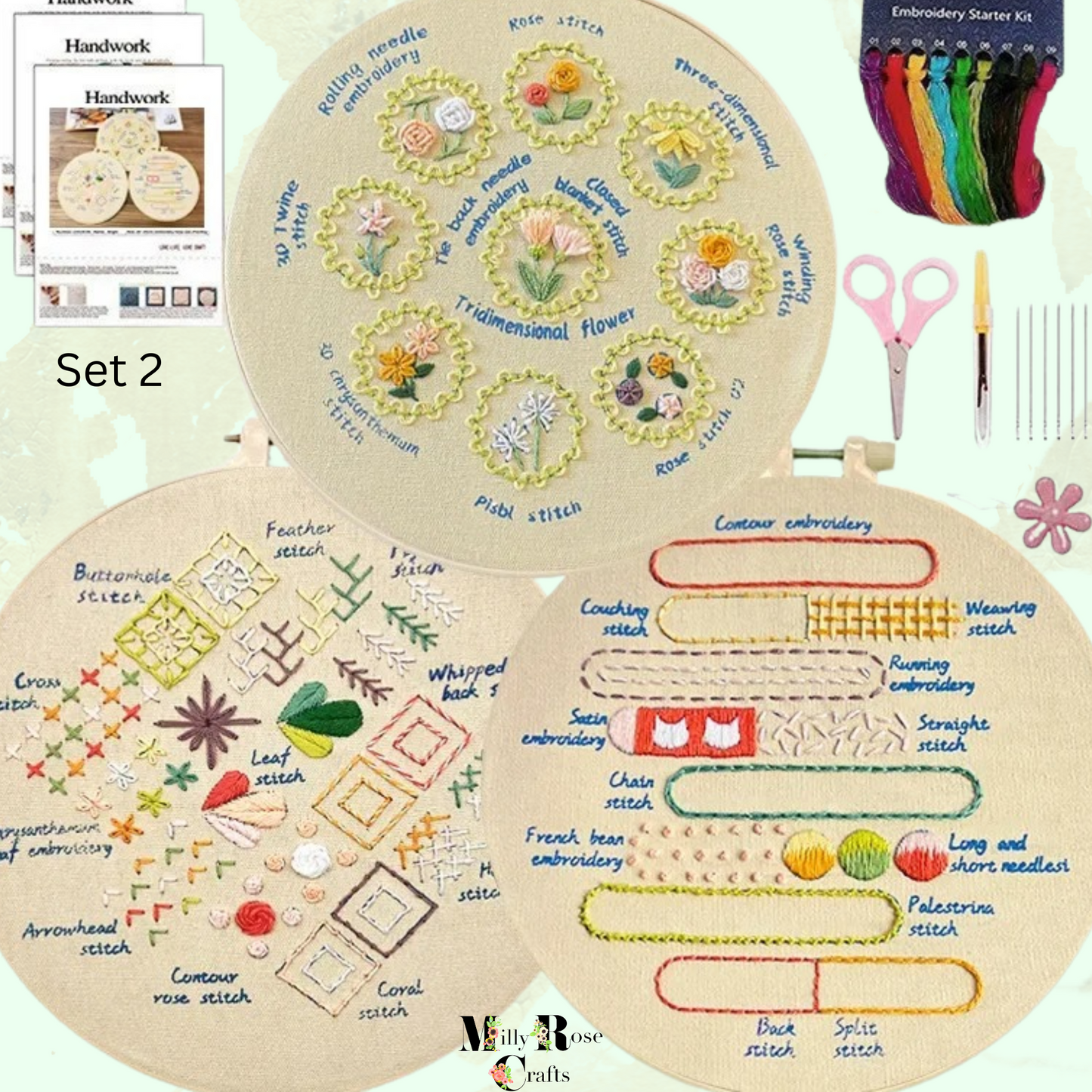 Learn Different Stitches Embroidery kit for Beginners Adults DIY 3 Set Kits Includes Stamped Flower Pattern