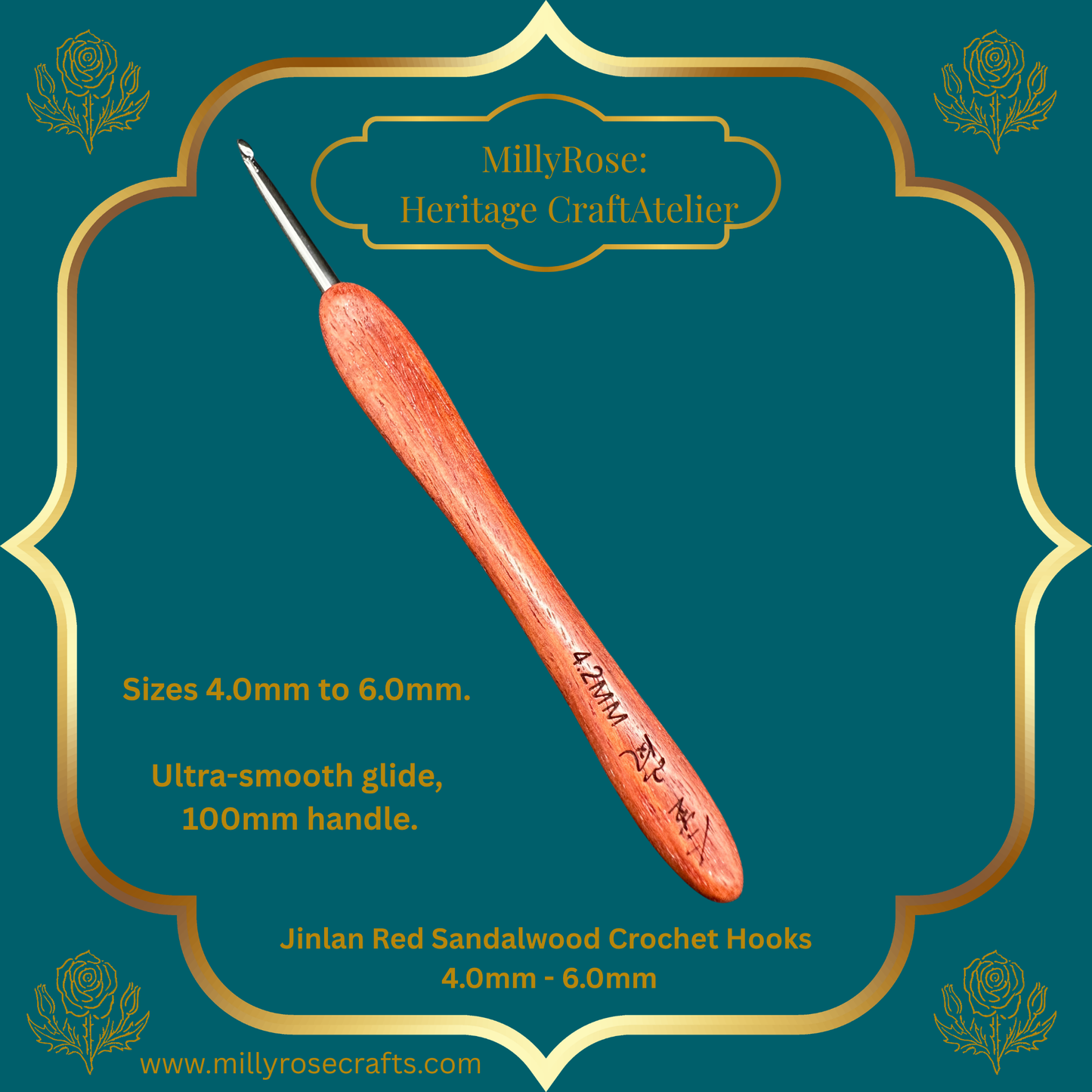 Jinlan Red Sandalwood Crochet Hook, Micro Crochet 4.0mm to 6.0mm High End Ergonomic Crochet Tool, Luxury Handcrafted Lace Hook, Heirloom Fiber Arts Gift, 100mm Handle