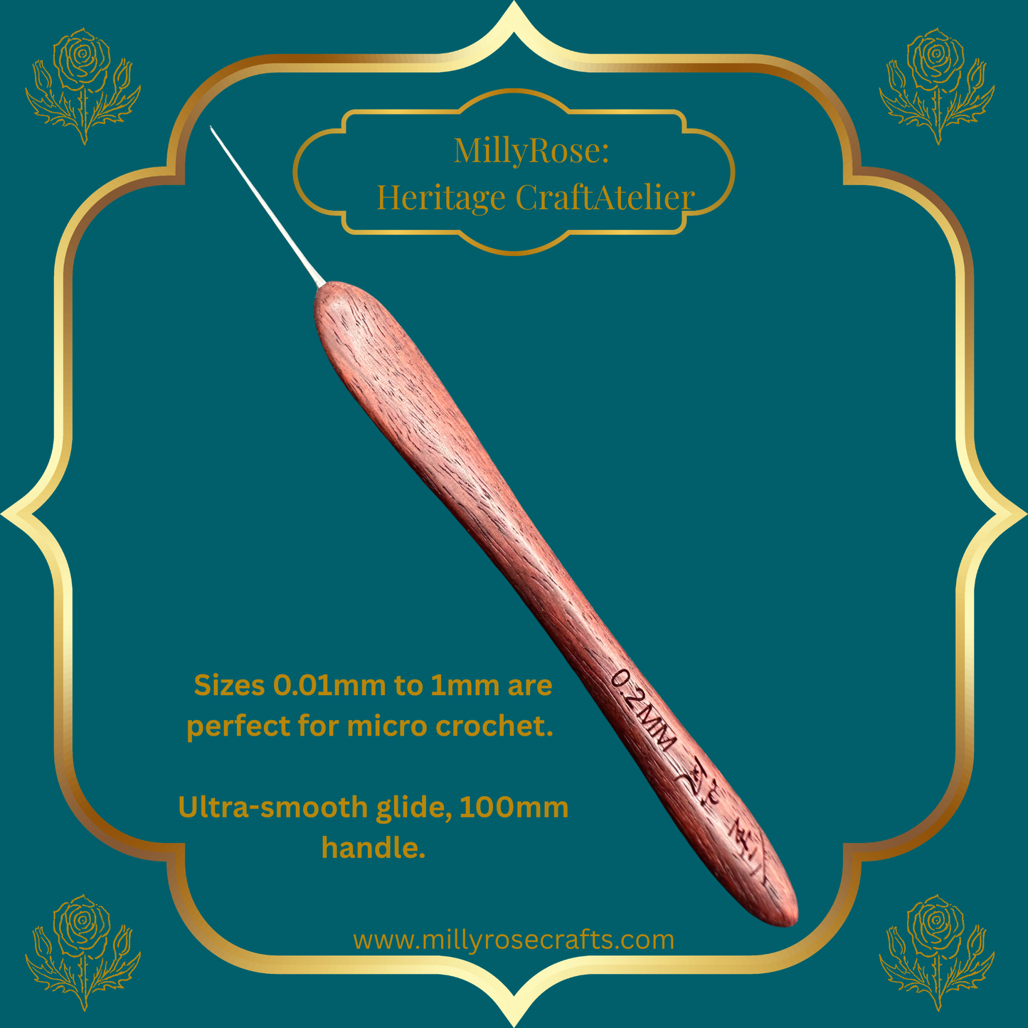 Jinlan Red Sandalwood Crochet Hook, Micro Crochet 0.01mm to 1.0mm High End Ergonomic Crochet Tool, Luxury Handcrafted Lace Hook, Heirloom Fiber Arts Gift, 100mm Handle