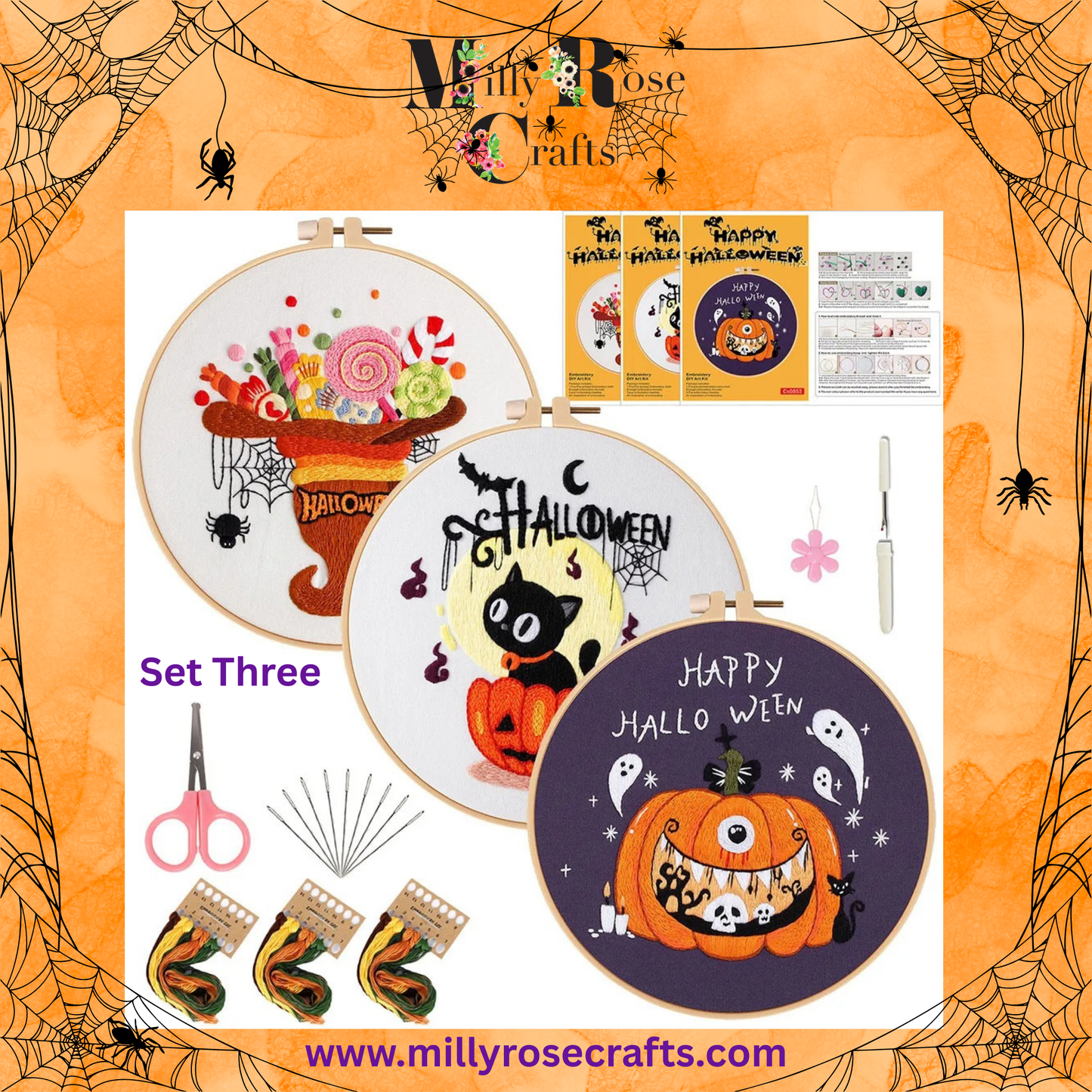 Halloween Embroidery Kits Set of 3 Witches pumpkins ghosts embroidery Kit Easy  Beginner Complete stamped cross stitch Kit Threads 3 Hoops