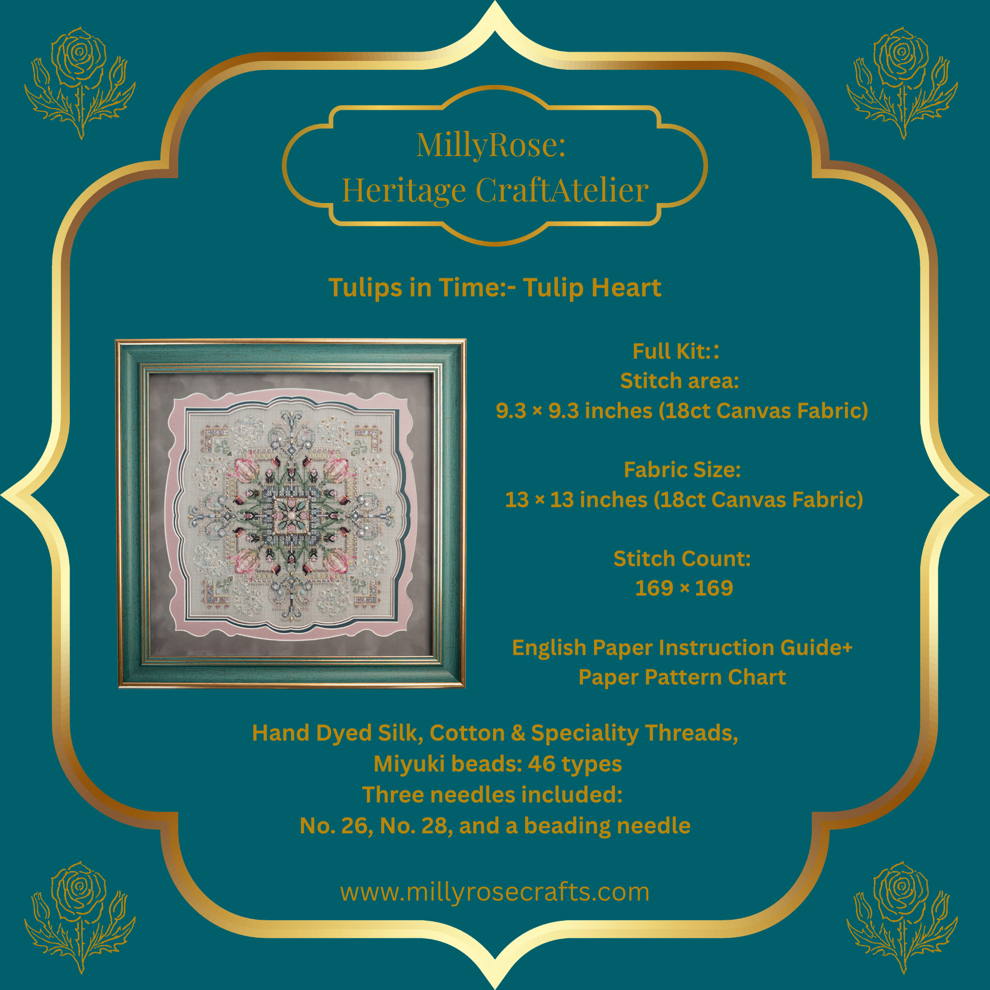 Completed Tulip Heart needlework piece featuring symmetrical pastel tulips, hand-dyed silks, and green crystals in a luxury teal frame with a scalloped mount.