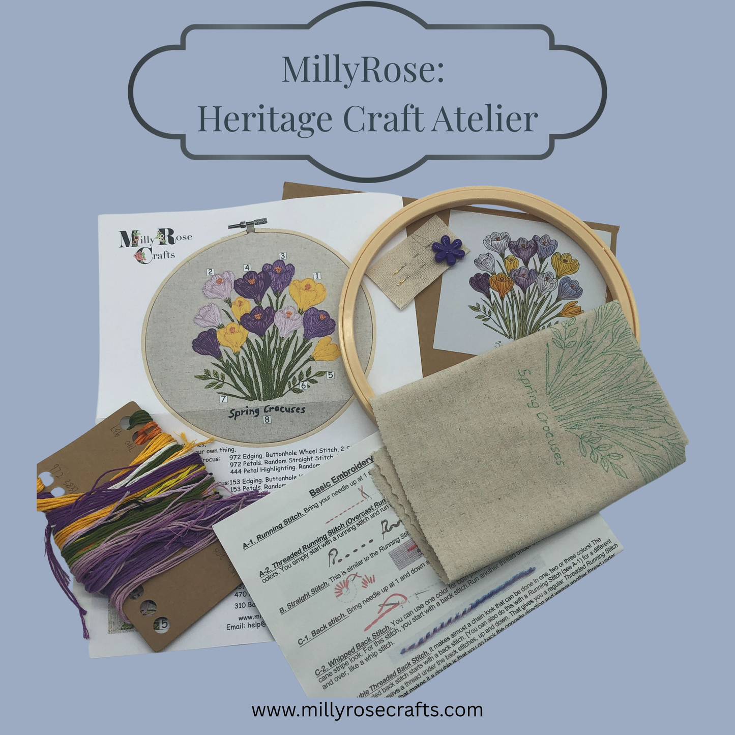 Spring Crocus Embroidery Kit, Floral Hand Needlework Kit, Beginner Botanical Craft, Heritage Floral Art, MillyRose Atelier