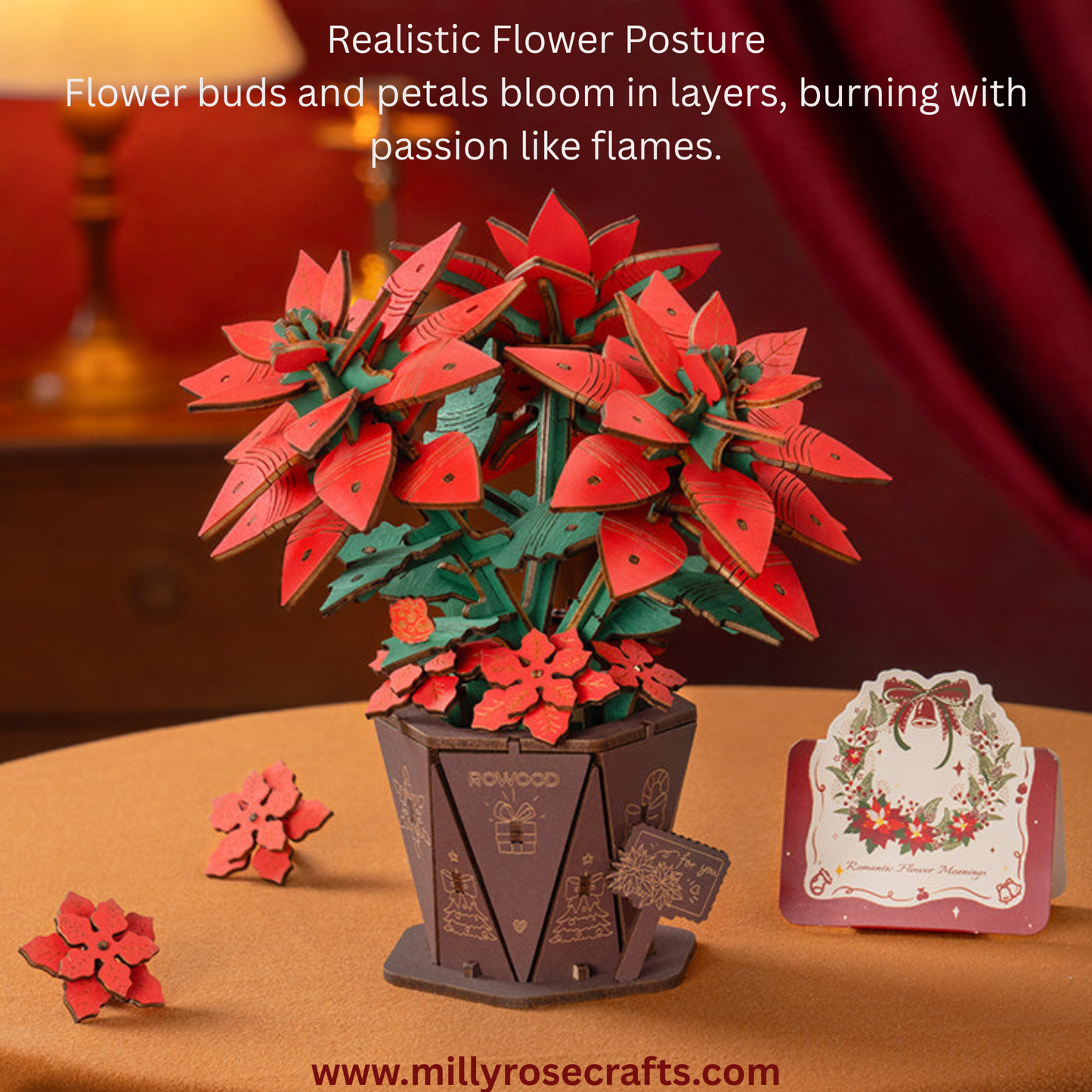 Rowood Christmas Poinsettia Flower Kit Robotime 3D Puzzle DIY Wooden Flower Craft Kit Christmas Table Décor Wooden Craft Gift Toy Gift Kit