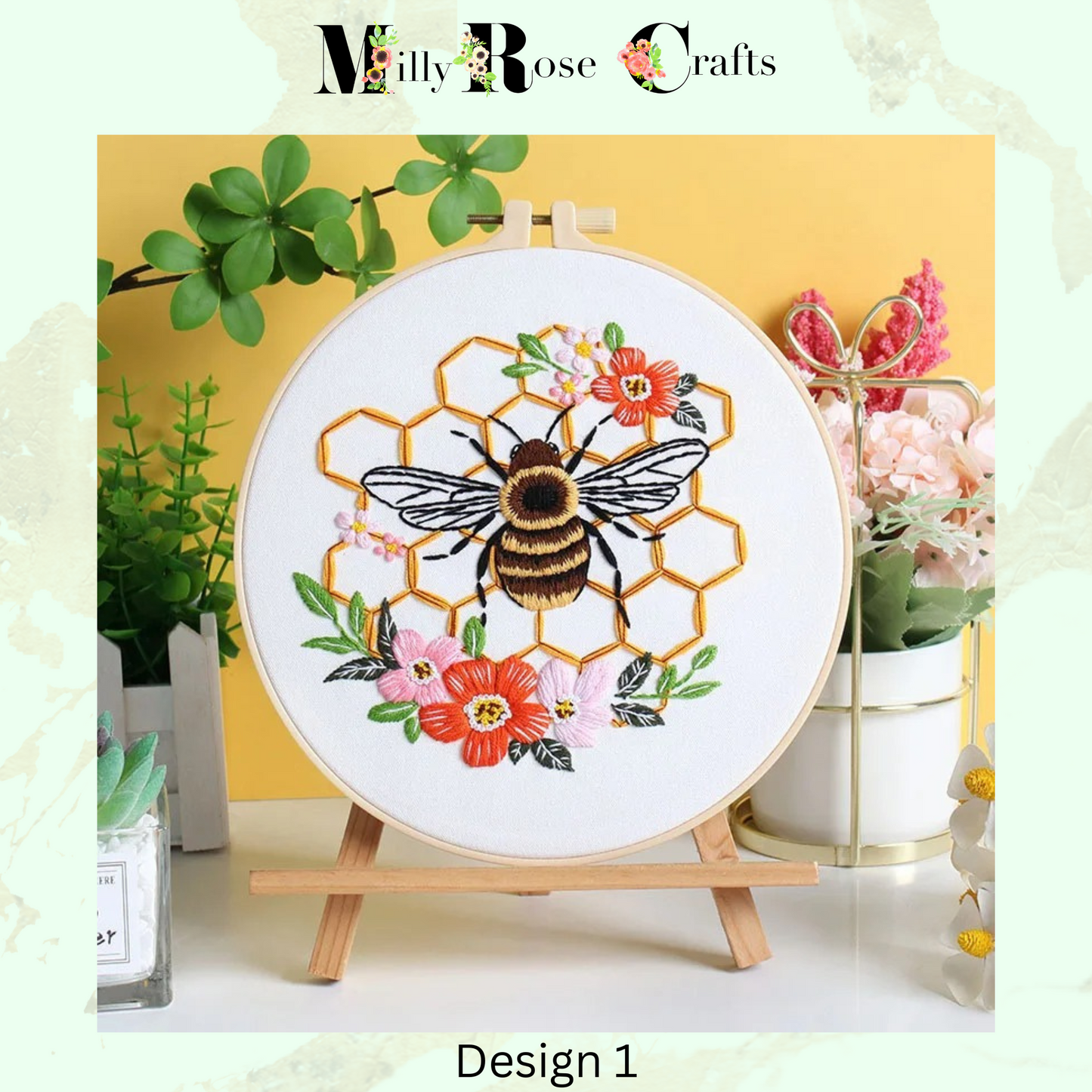 Bees Embroidery Kits Honeycomb Flowers DIY Cross Stitch Starter Craft Kits Beginner Adults Embroidery Cloth with Pattern Instruction Threads