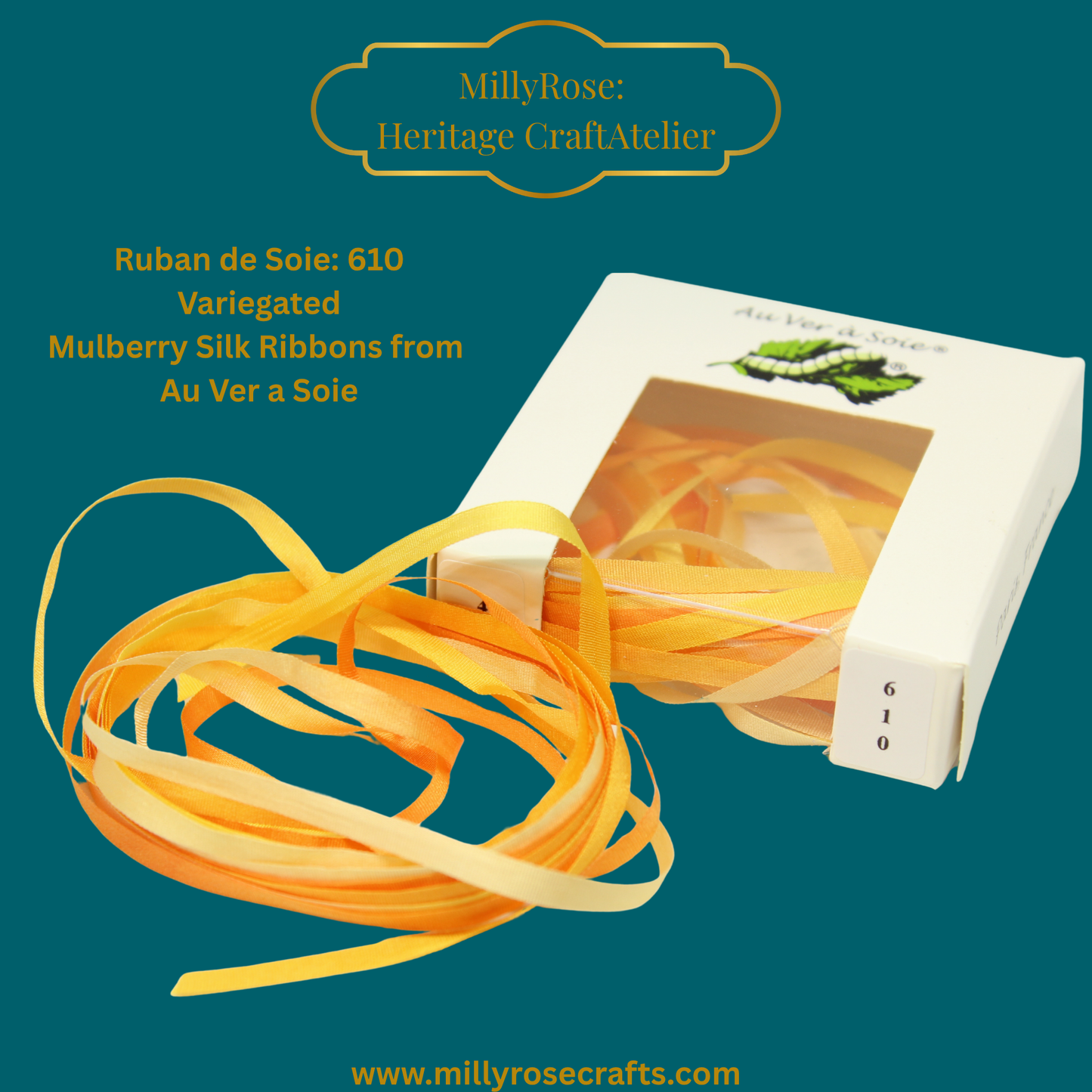 Au Ver à Soie 610 4mm variegated mulberry silk ribbon bright orange  official swatch
