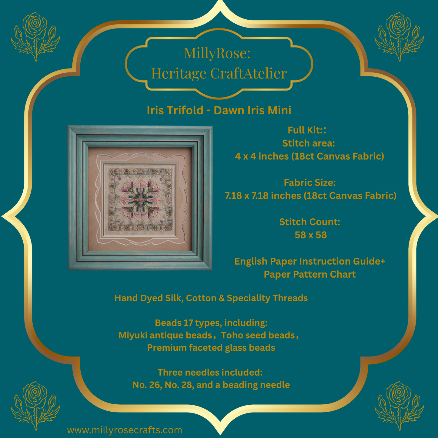 IMAKE Iris Trifold: Dawn Iris Mini Luxury Cross Stitch & Mixed Media Needlework Kit Bead & Silk Embroidery