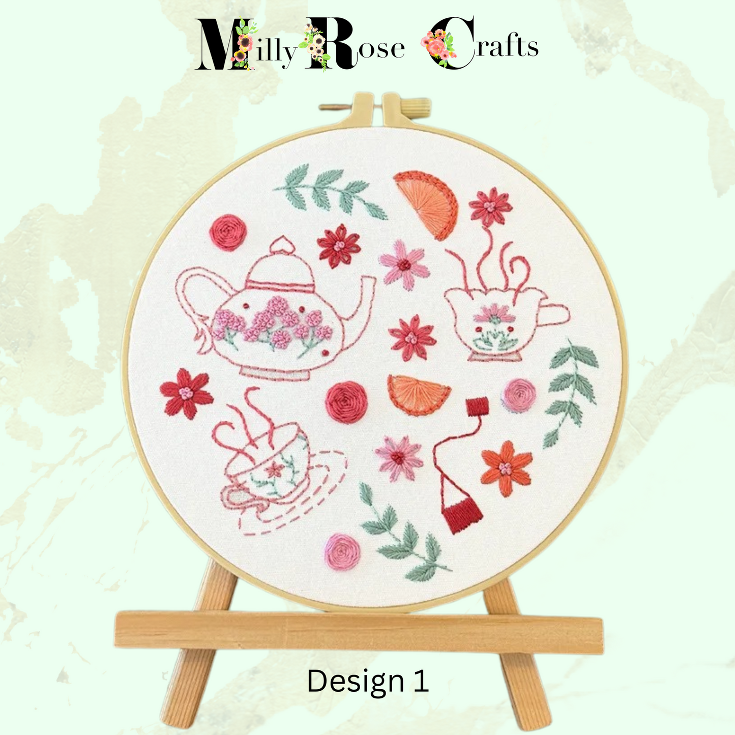 Afternoon Tea Embroidery Kit Gin Cocktails China Cups Cupcake Embroidery Beginner Adult Easy Instructions Stamped Embroidery Cloth 20cm Hoop