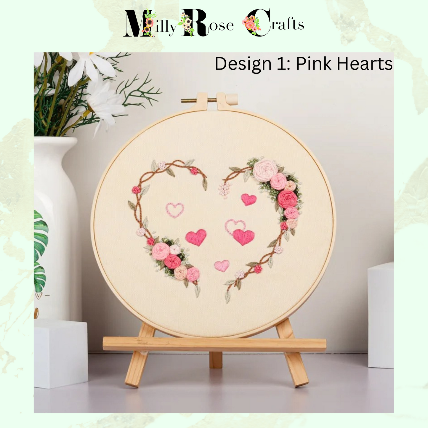 Flower Heart Embroidery Kit Adult Beginner Complete DIY Heart Shaped Stamped Embroidery Cross Stitch Pattern 20cm Hoop Valentines Craft Gift