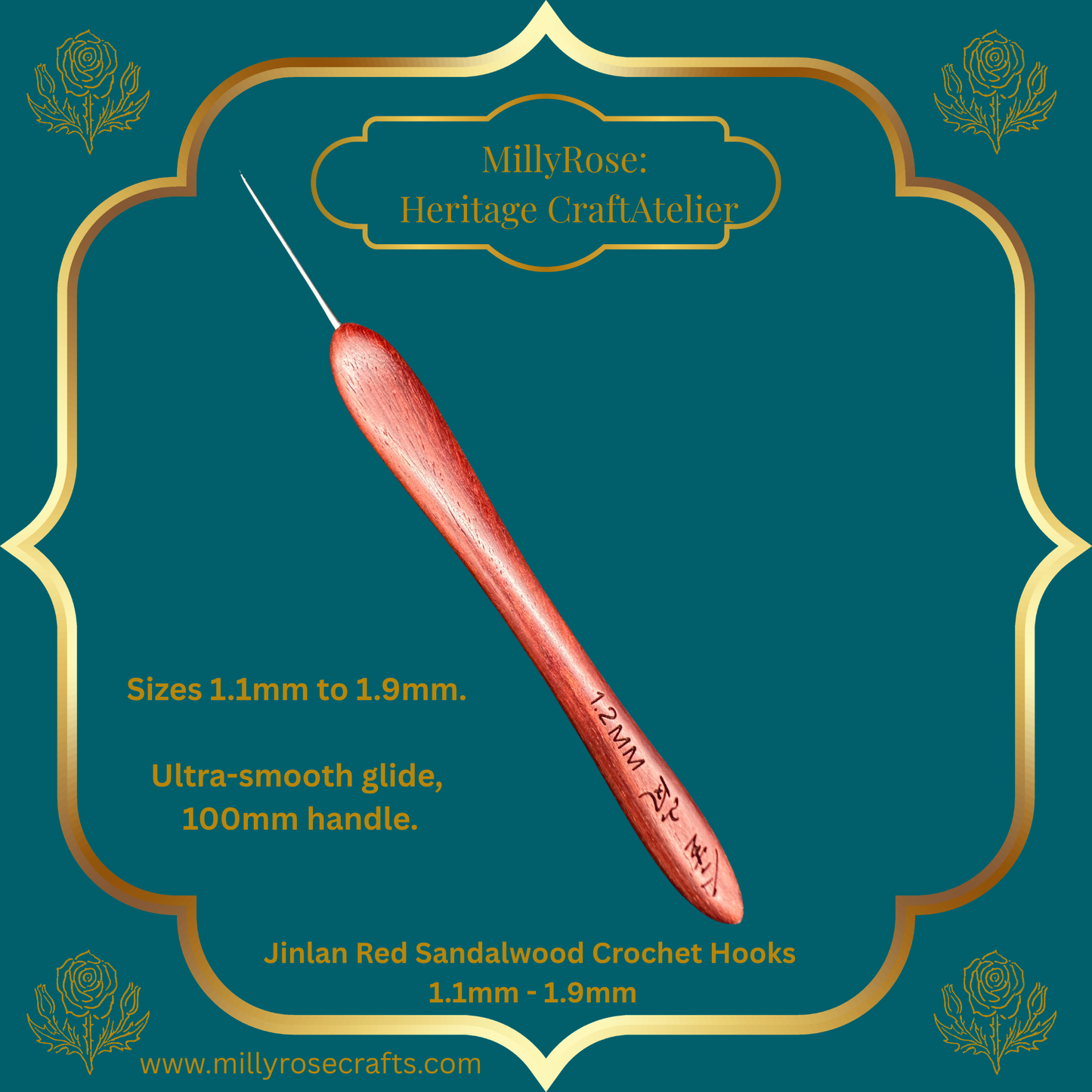 Jinlan Red Sandalwood Crochet Hook, Micro Crochet 1.1mm to 1.9mm High End Ergonomic Crochet Tool, Luxury Handcrafted Lace Hook, Heirloom Fiber Arts Gift, 100mm Handle