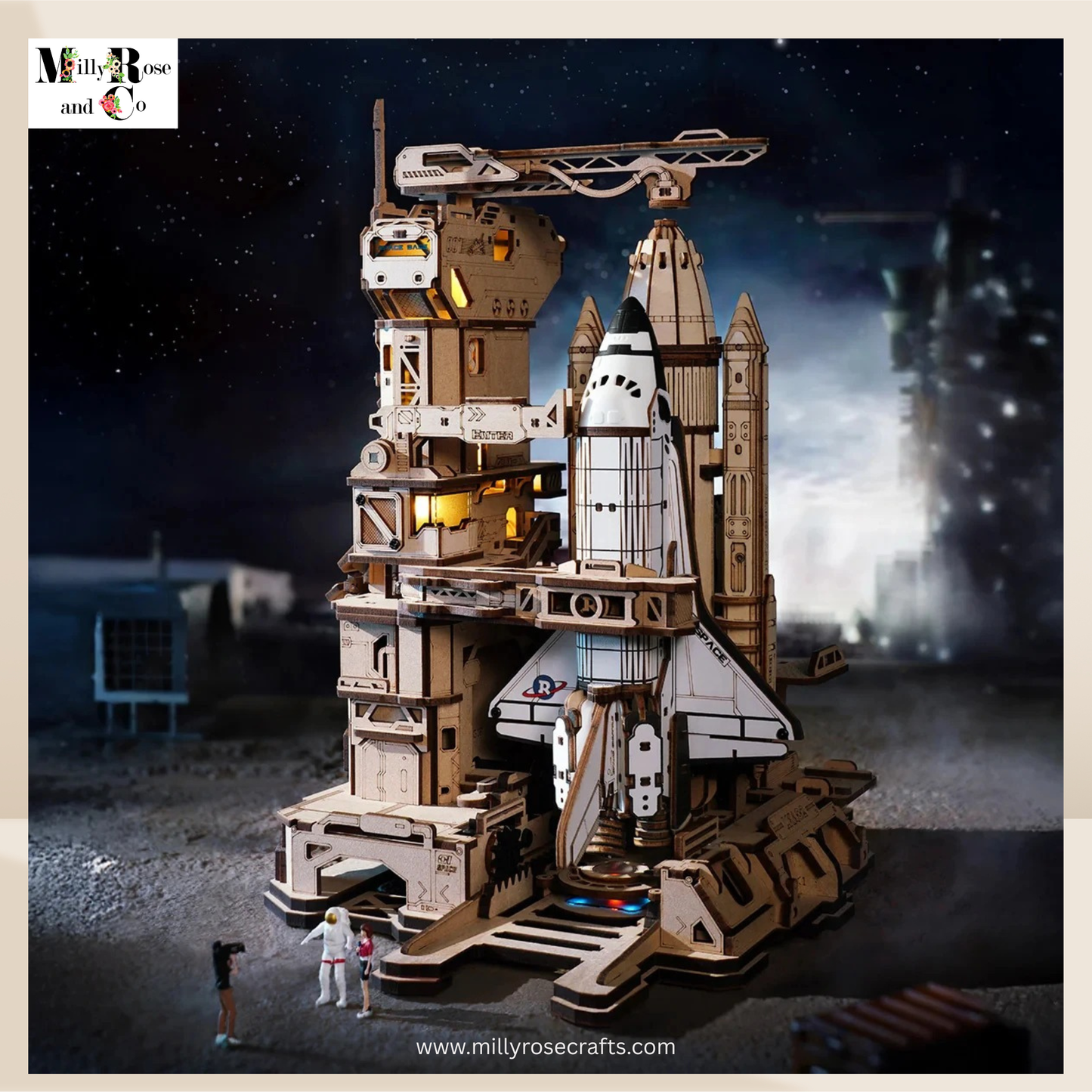 ROKR Space Shuttle 3D Wooden Puzzle Moving Rocket Launch Tower with Lights Mechanical Building STEM Project for Adults Teens Perfect Gift