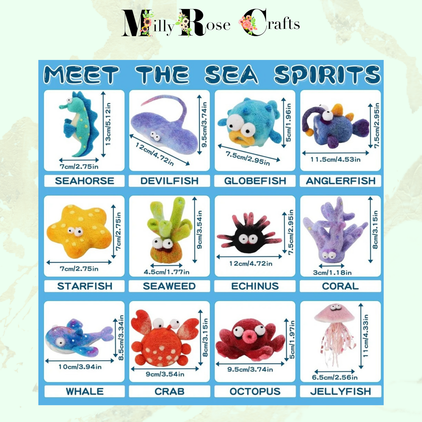 Sea Life Needle Felting Kit Beginners Adults, 12 Sea Animals Needle Felting Kit Wool Roving Felting Needles Wool Felting Pad Instructions