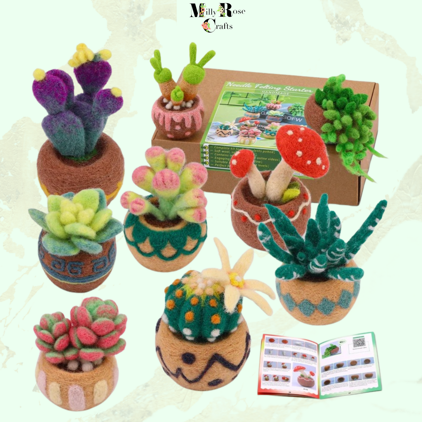 Succulent Needle Felting Kit, Cacti in Pots Needle Felting Kit 6-9-15 Cacti Felting Kit Wool Felting Mat 12 Felting Needles Craft Gift