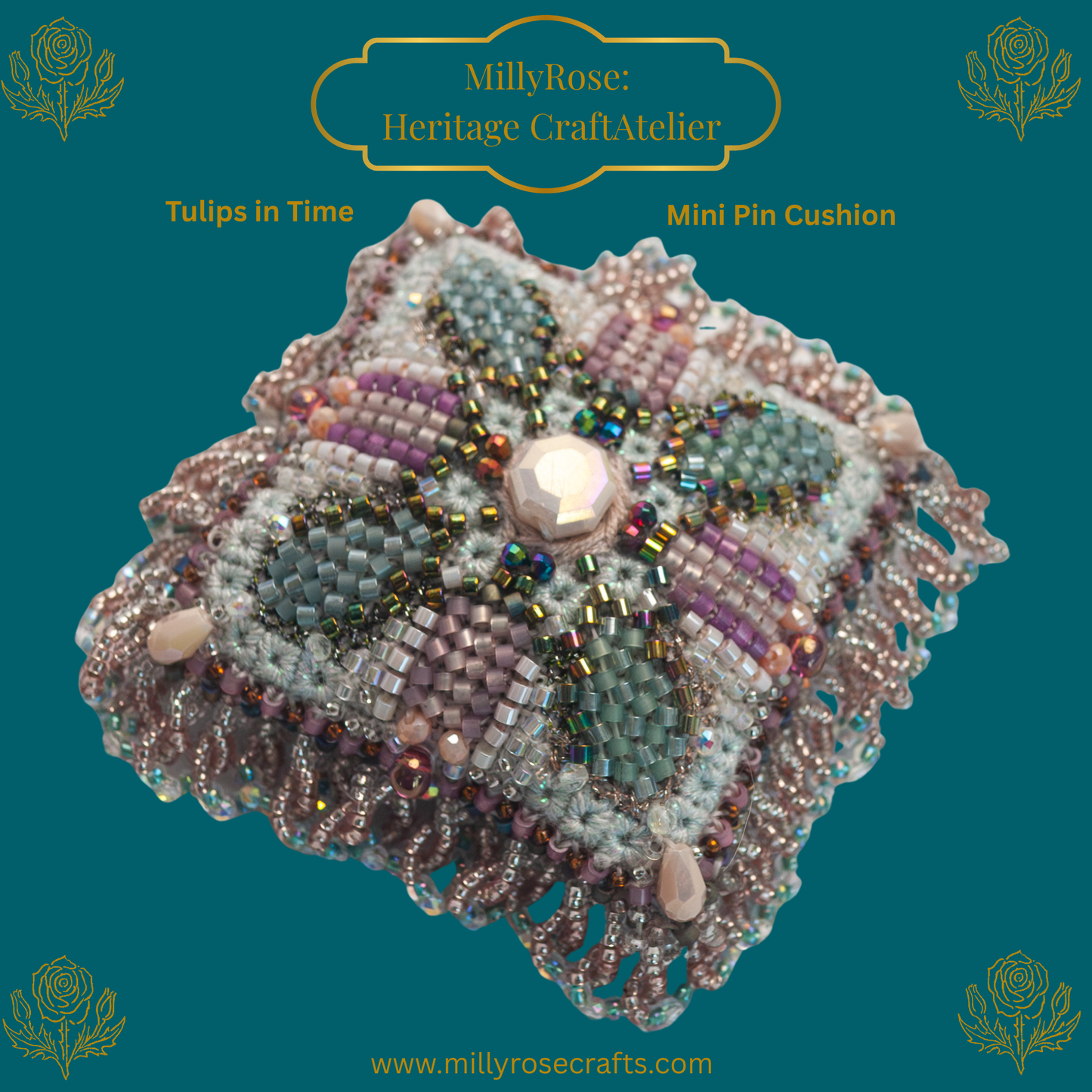I-Make Beaded mini pin cushion with intricate design on a teal background, featuring 'MillyRose: Heritage CraftAtelier' branding.