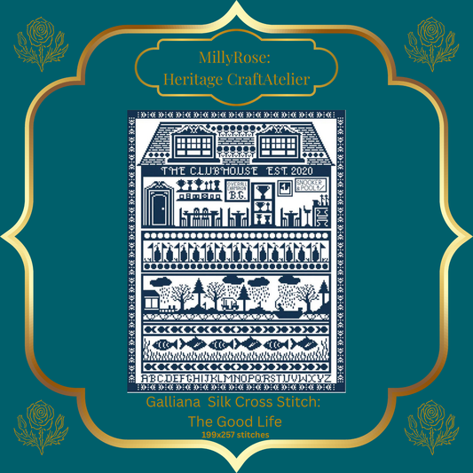 "The Good Life" Luxury Cross Stitch Kit by Elaine Gallacher – Monochrome British Sampler with Premium Soie d'Alger Silk & Heritage Linen – Historische Stickmuster