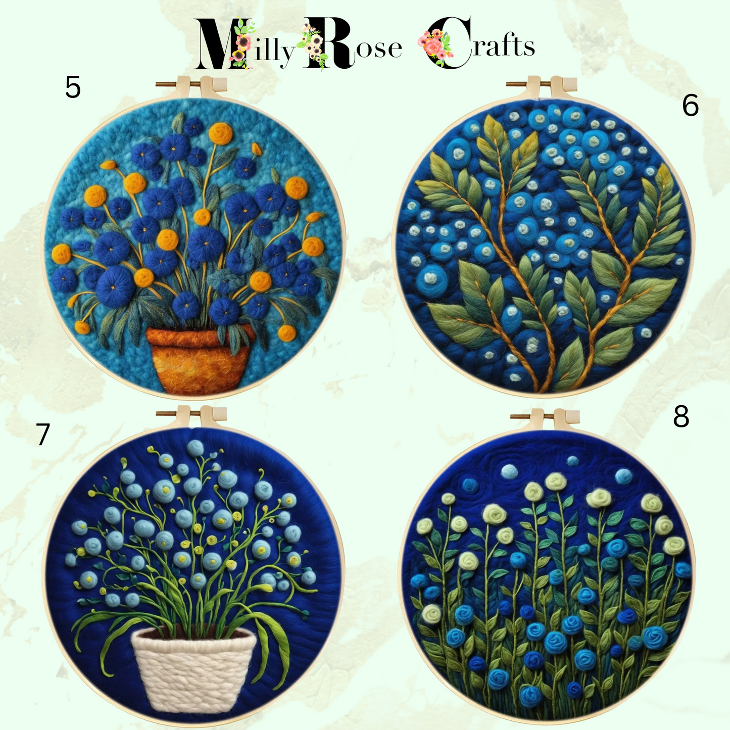 2D Floral Needle Felting Kit Adult Beginner Blue Themed Wool Painting Kit Complete Felting Kit 20cm Hoop Craft Gift Idea