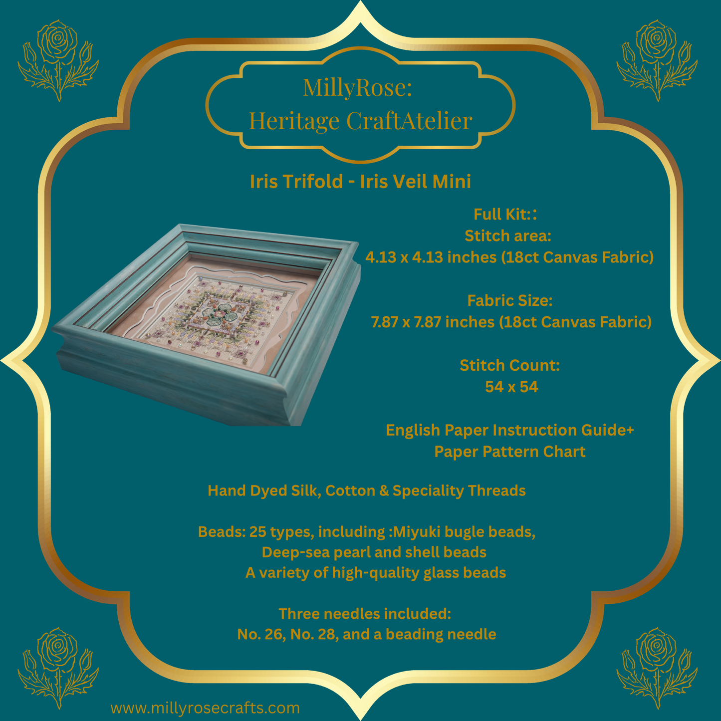 IMAKE Iris Trifold: Iris Veil Mini Luxury Cross Stitch & Mixed Media Needlework Kit Bead & Silk Embroidery