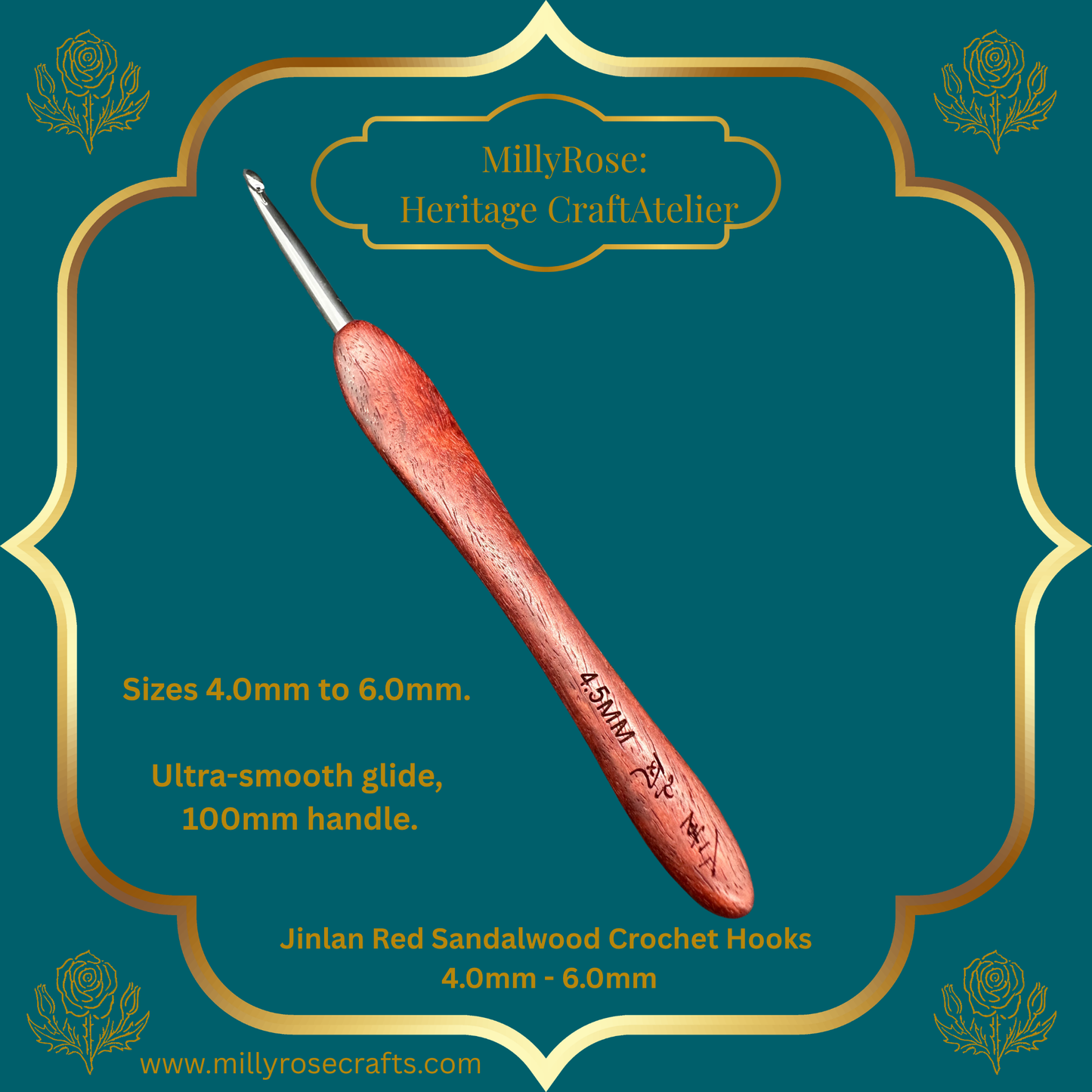 Jinlan Red Sandalwood Crochet Hook, Micro Crochet 4.0mm to 6.0mm High End Ergonomic Crochet Tool, Luxury Handcrafted Lace Hook, Heirloom Fiber Arts Gift, 100mm Handle