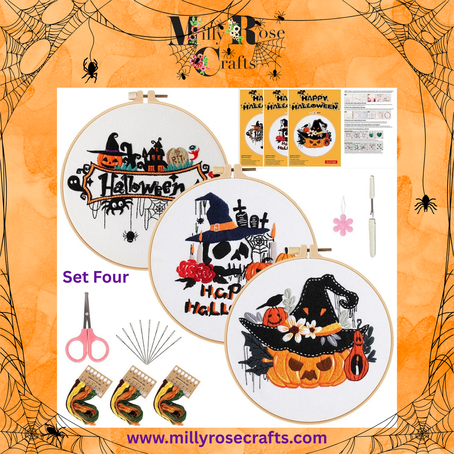 Halloween Embroidery Kits Set of 3 Witches pumpkins ghosts embroidery Kit Easy  Beginner Complete stamped cross stitch Kit Threads 3 Hoops