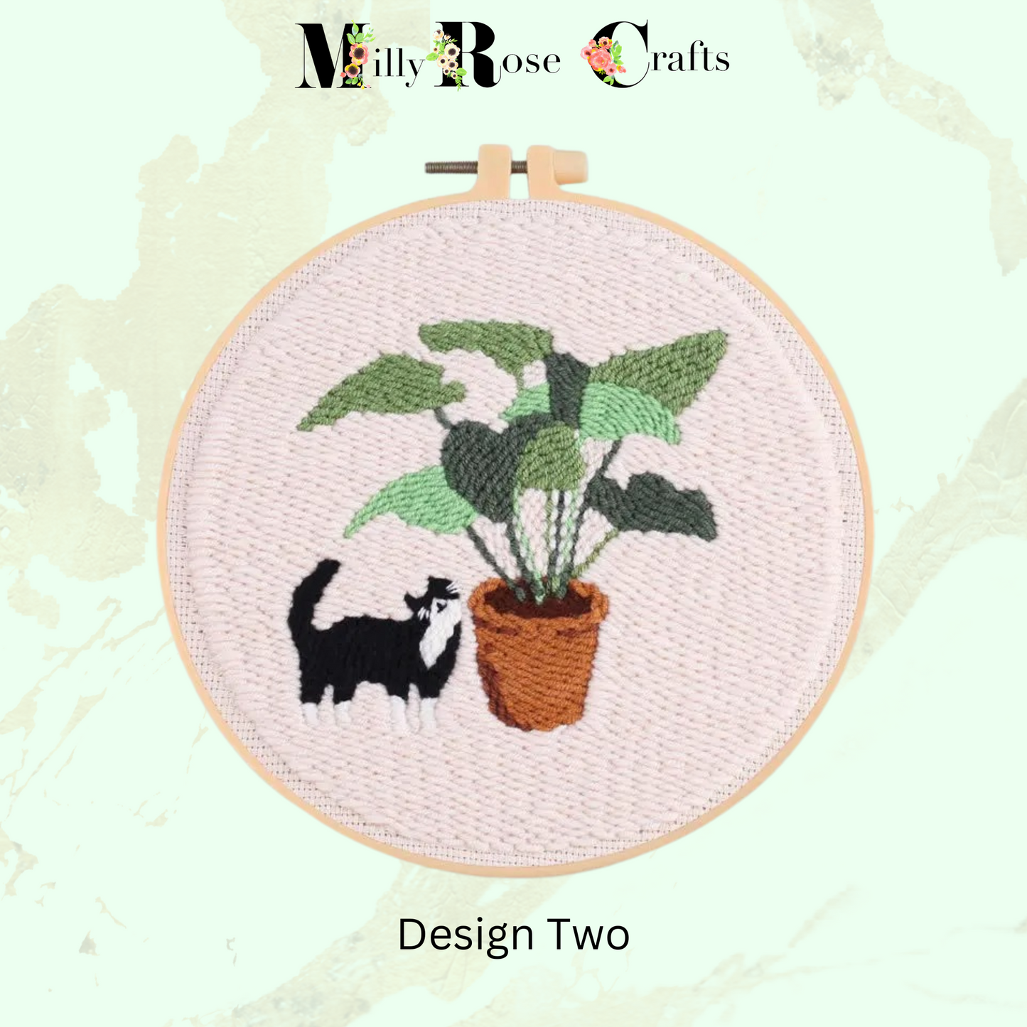 Black Cat Punch Needle Kit Beginner Adult Cat and Plant Punch Needle Embroidery Kit 20cm Hoop Complete DIY Craft Kit Gift Idea