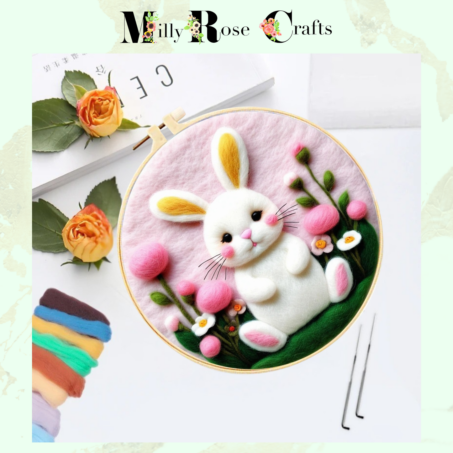 2D Rabbit Needle Felting Kit Adult Beginner Easter Bunny Wool Painting Kit Complete Spring Bunnies Felting Kit Craft Gift Idea