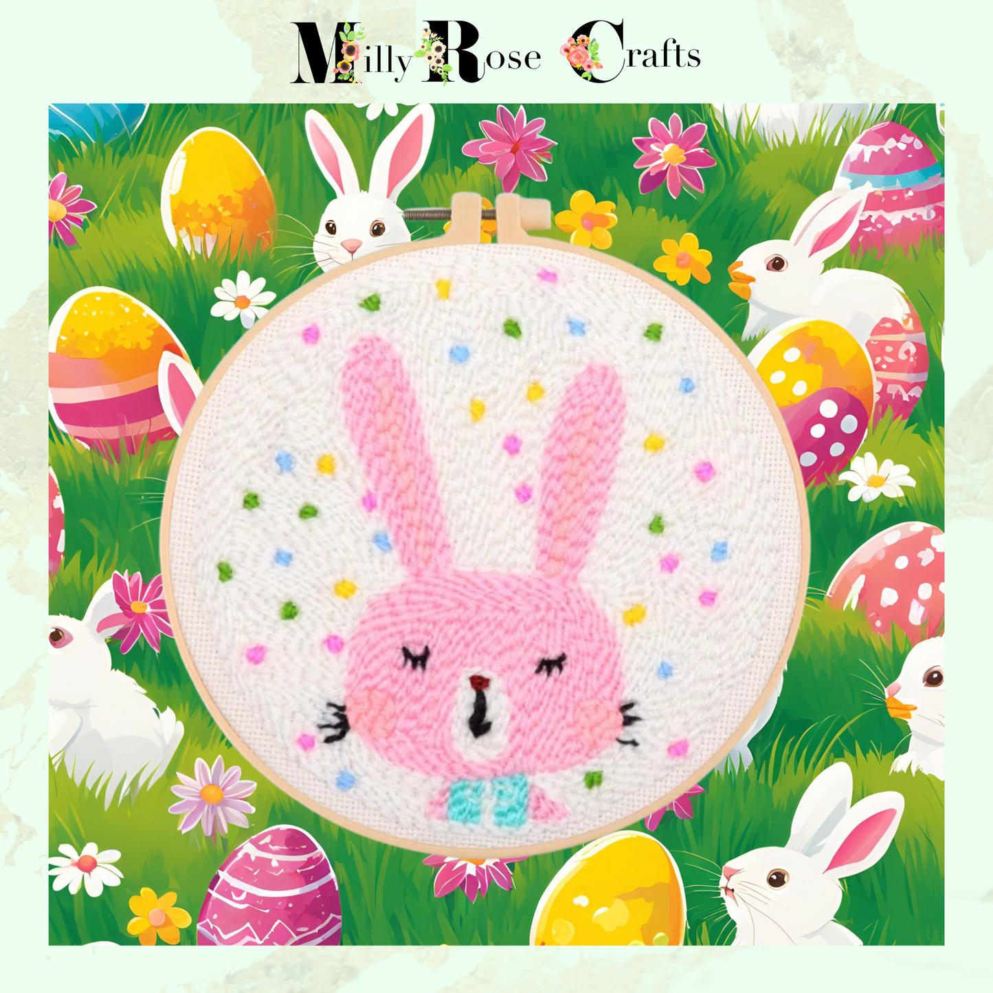 Easter Bunny Punch Needle Kit Beginner Pink Rabbit Punch Needle Embroidery Kit 20cm Hoop Complete DIY Easter Craft Kit Gift Idea