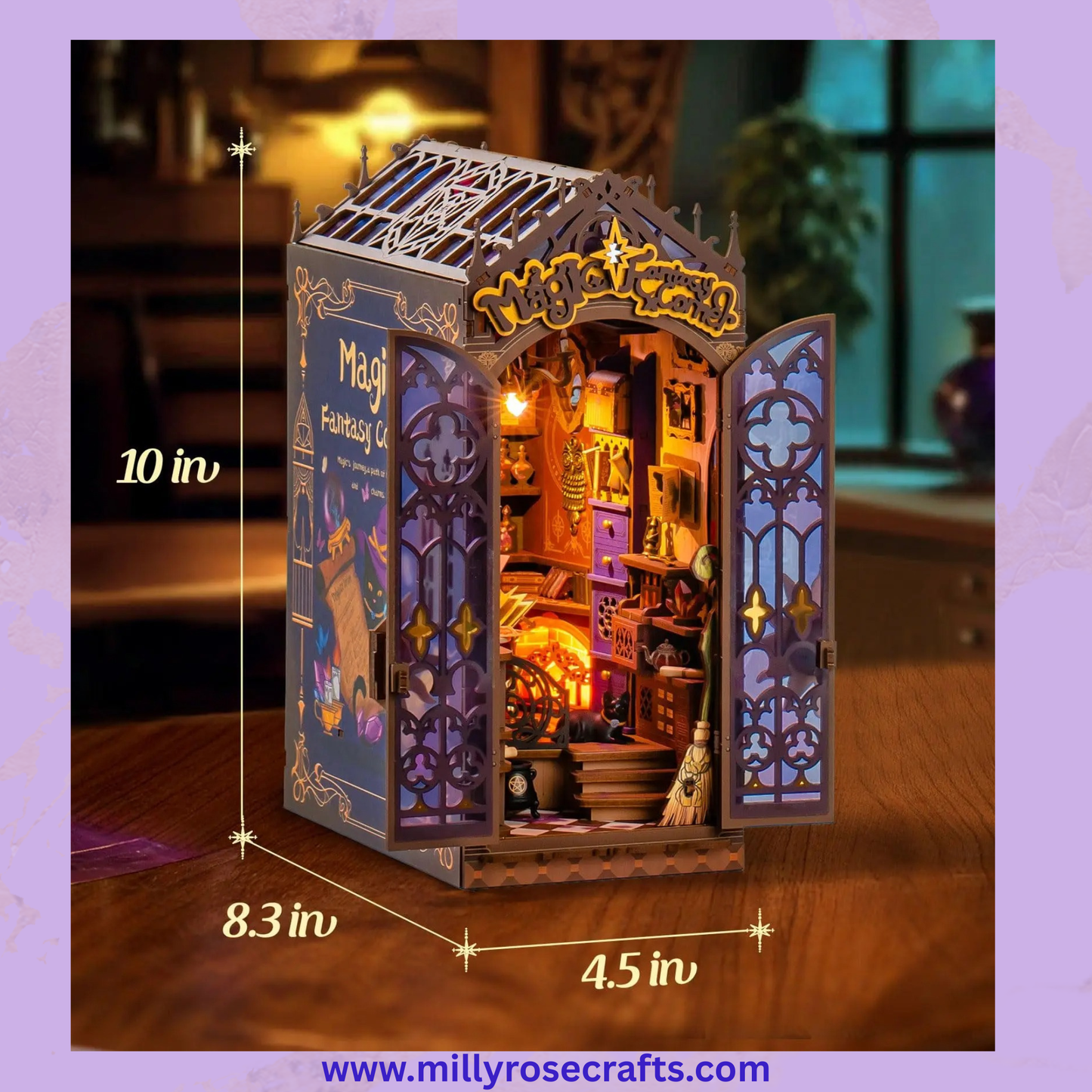 Rolife Magic Fantasy Corner Book Nook Kit Neo-Gothic Wizardry Bookshelf Insert Auto-On LED Light Desk Bookshelf Decoration 14+ Craft Gift