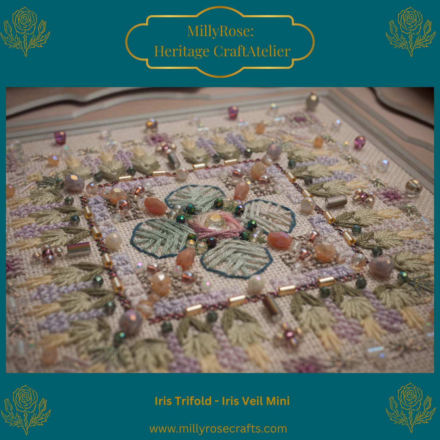 IMAKE Iris Trifold: Iris Veil Mini Luxury Cross Stitch & Mixed Media Needlework Kit Bead & Silk Embroidery