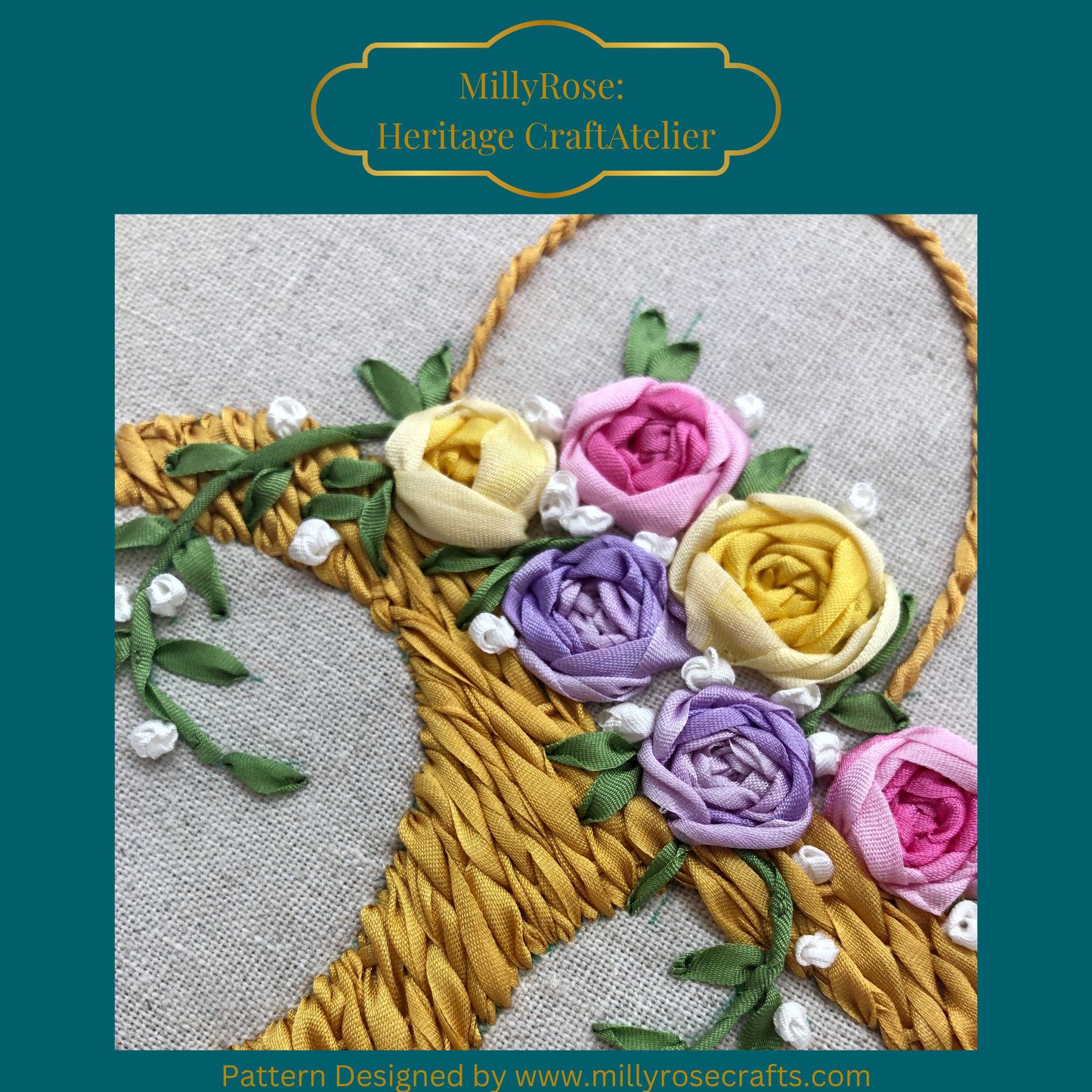 Rose Basket Mulberry Silk Ribbon Embroidery Kit | Original Heritage Floral Design by MillyRose