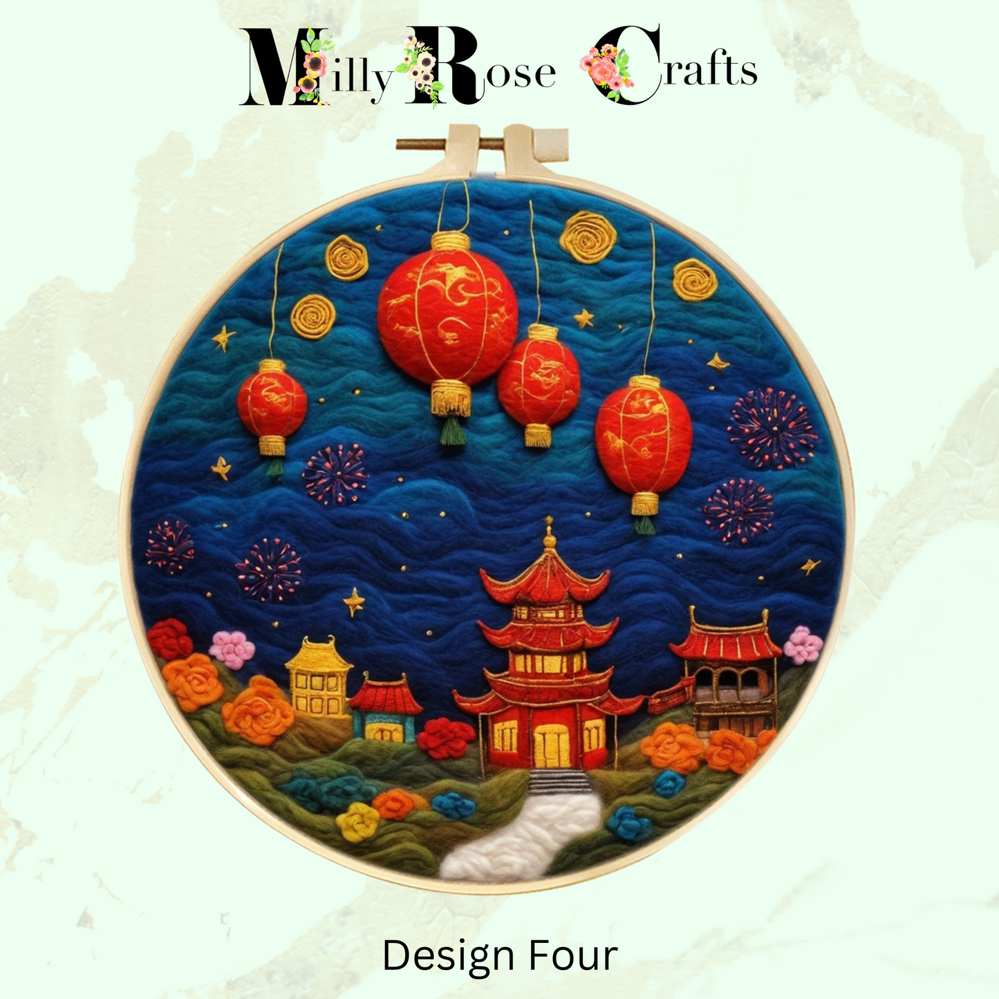 2d Needle Felting Kit, Set 4 of 5 Chinese Festival Theme Fireworks Wool Painting Kit Adult Beginner Friendly Chinese Temple Needle Felting Craft Kit