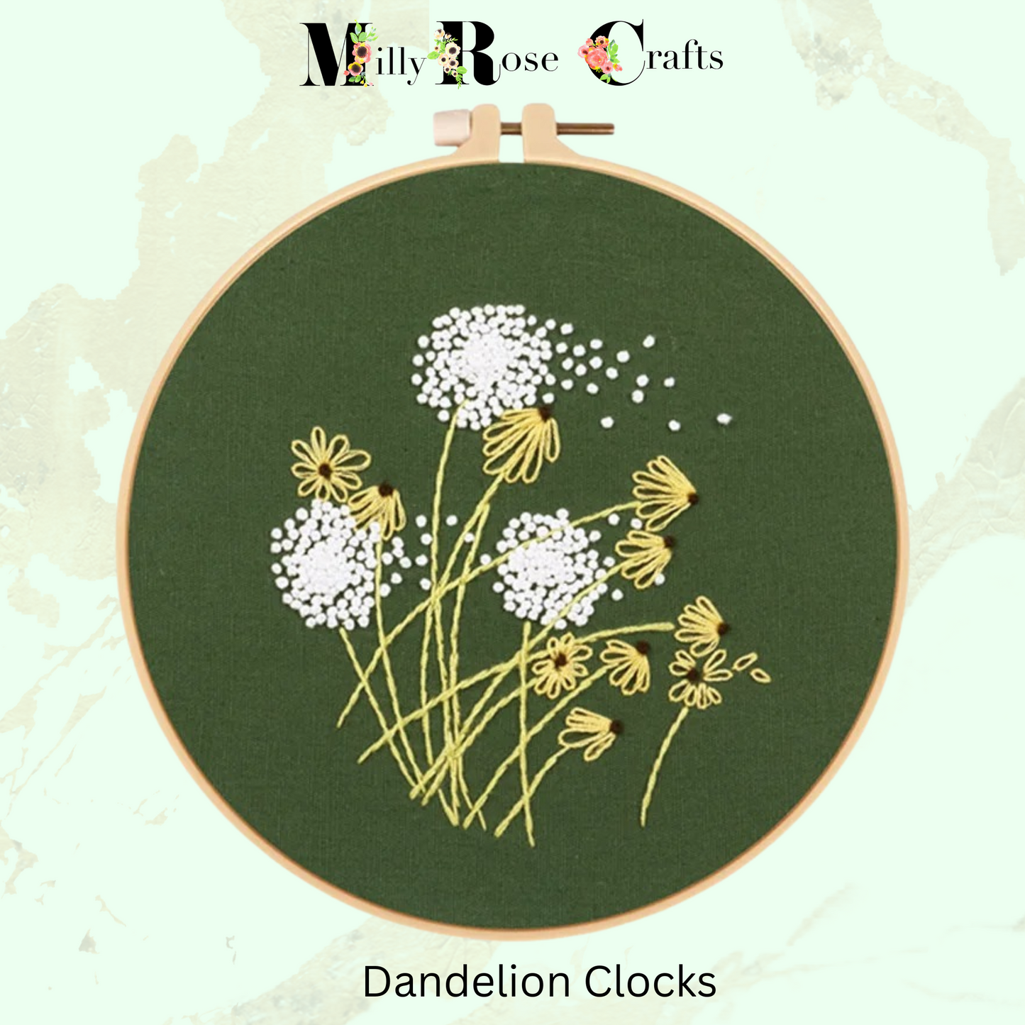 Meadow Flower Embroidery Kits Dandelion Clock DIY Daisy Embroidery kit,20cm hoop and pre-printed cloth, Great craft gift idea