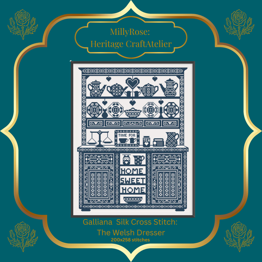 "The Welsh Dresser" Luxury Cross Stitch Kit by Elaine Gallacher – Monochrome British Sampler with Premium Soie d'Alger Silk & Heritage Linen – Historische Stickmuster