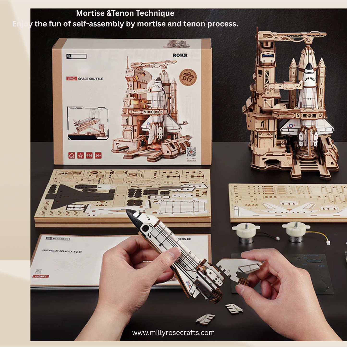 ROKR Space Shuttle 3D Wooden Puzzle Moving Rocket Launch Tower with Lights Mechanical Building STEM Project for Adults Teens Perfect Gift