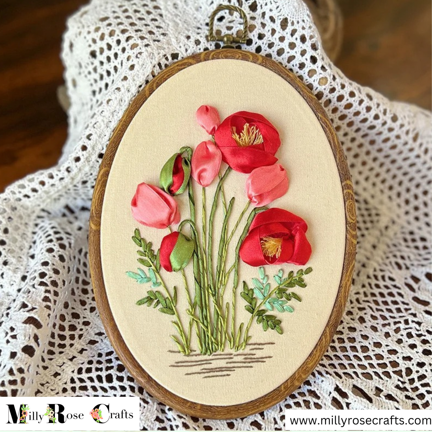 Silk Ribbon Embroidery Kit Oval Frames, Poppies Silk Ribbon Embroidery Alium Primula Buttercups Silk Ribbon Beginner Needlework Craft Adult