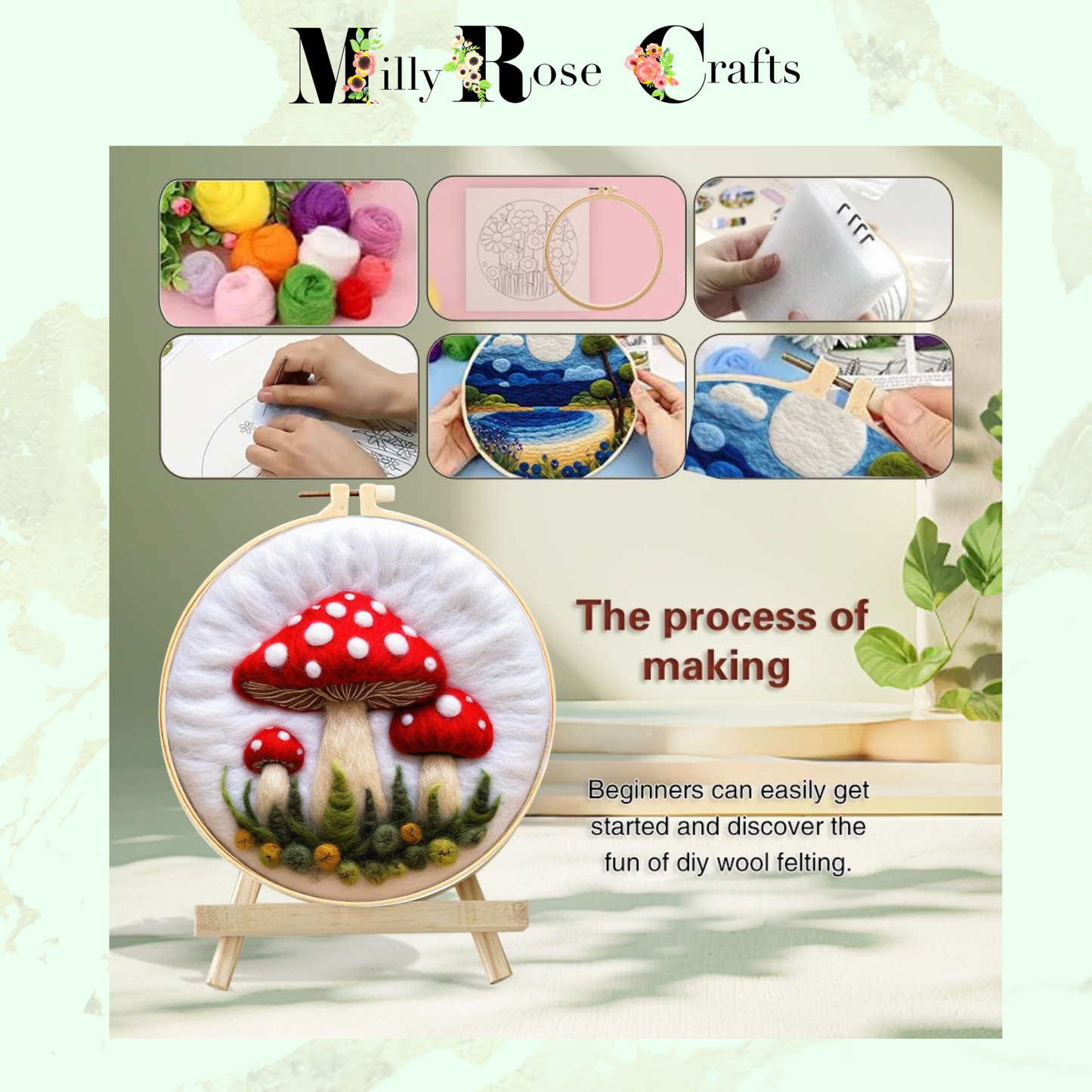 2d Needle Felting Kit Red and White Mushroom Wool Painting Kit Adult Beginner Friendly Toadstool Needle Felting Craft Merino Wool 20cm Hoop