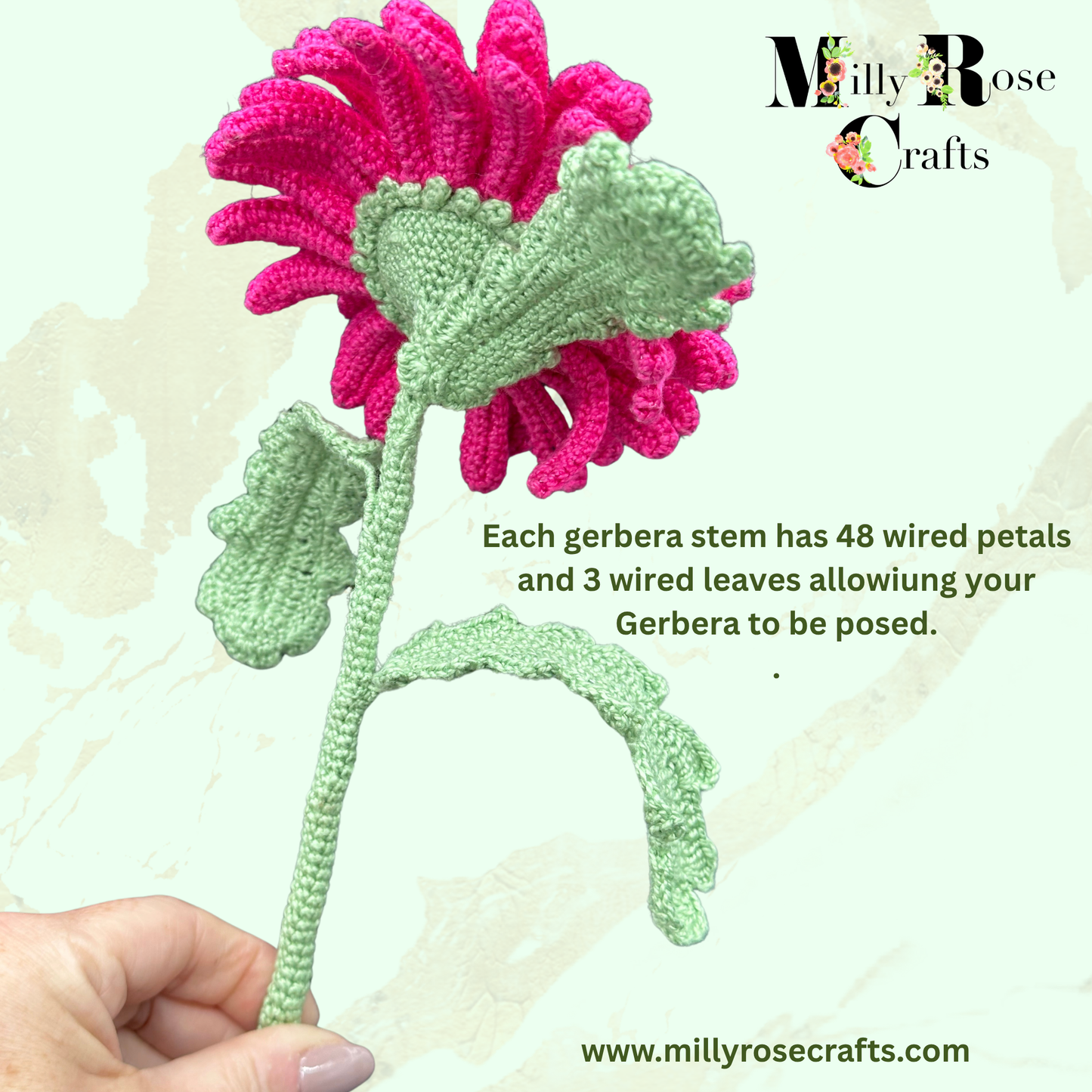 Artisan Hand-Crocheted Gerbera – 100% Egyptian Cotton – Poseable Wired Flower