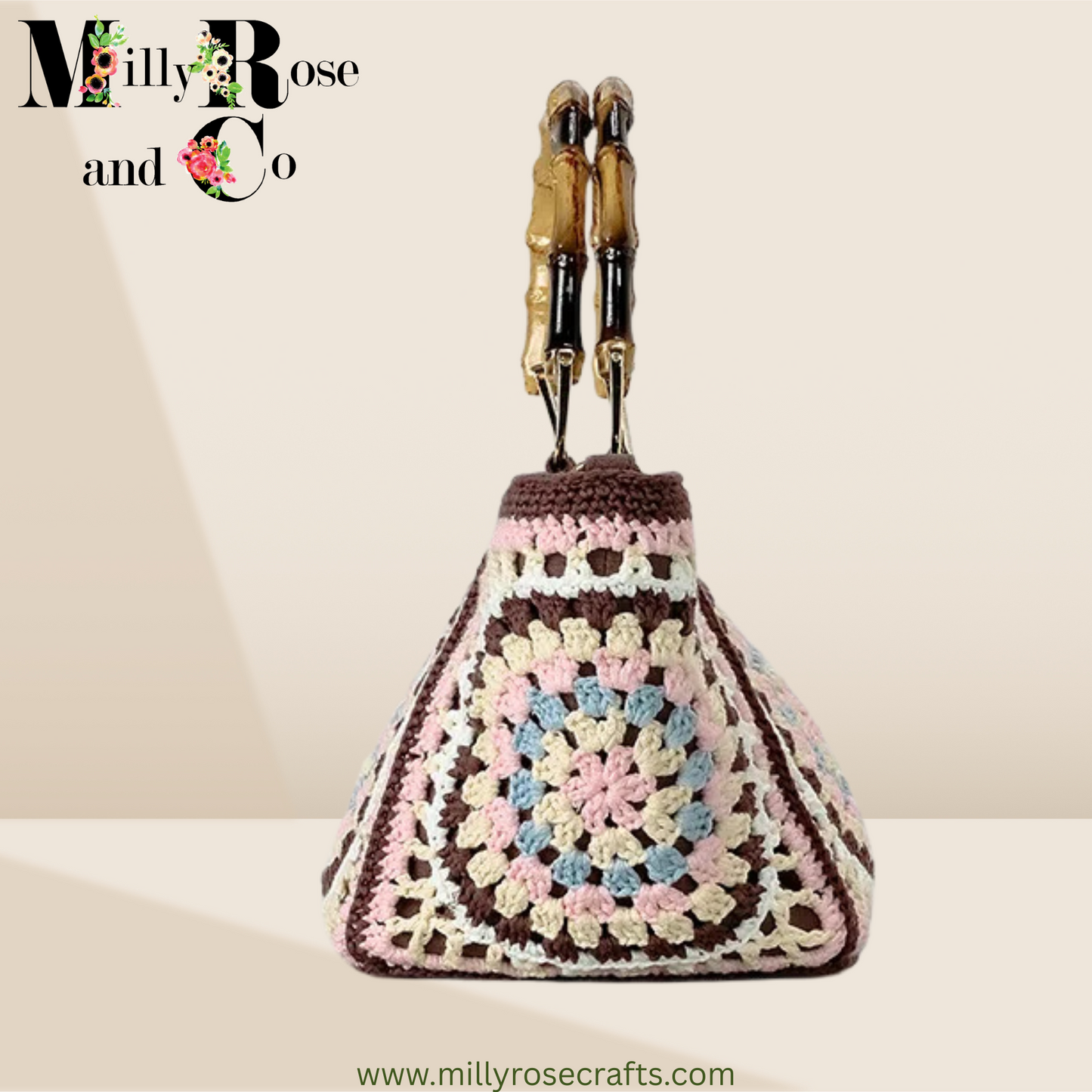 Bohemian Crochet  Granny Square Hand Bag Small Tote with Bamboo Handle Hand-Woven  Shoulder Bag Ideal Gift