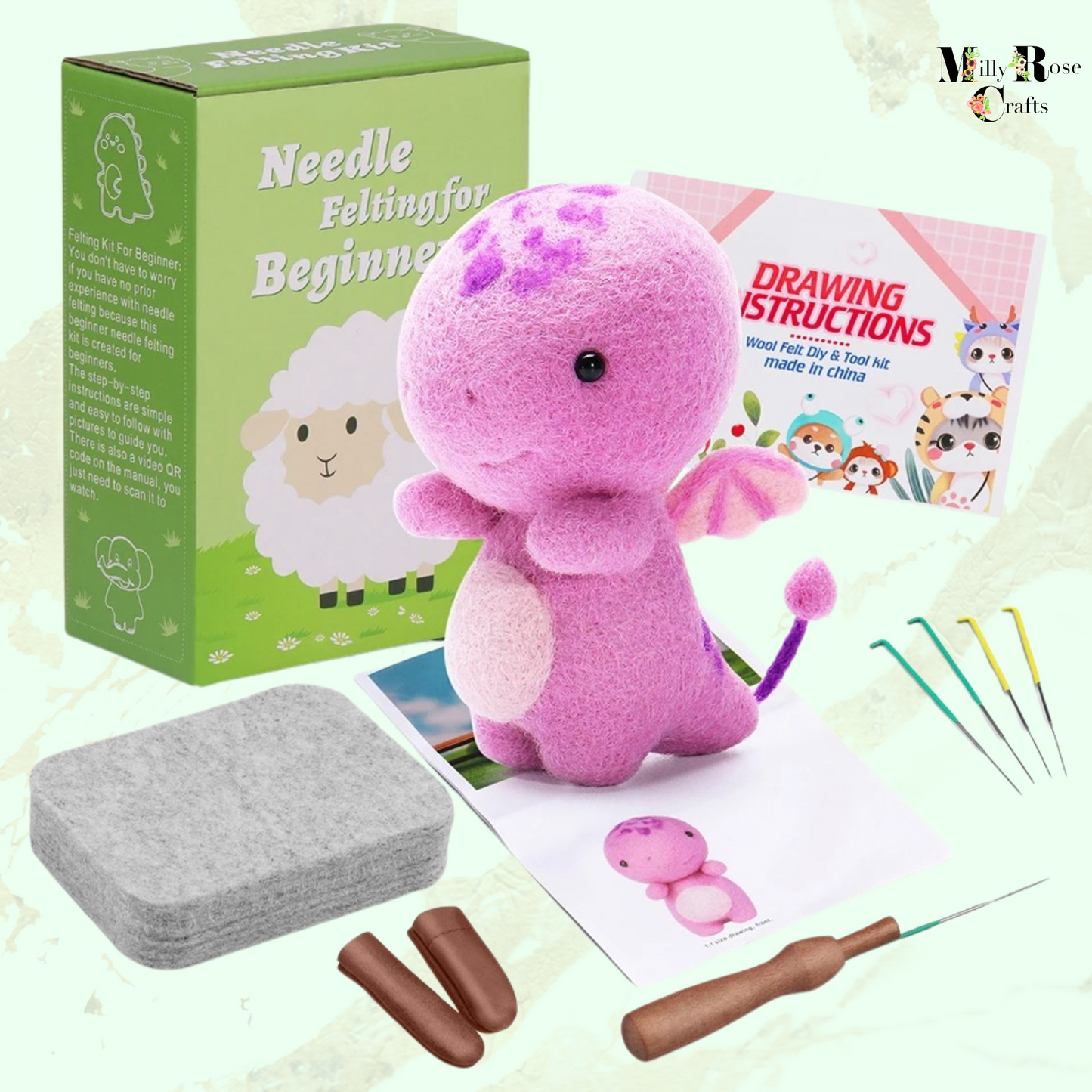 Amigurumi Dragon Needle Felting Kit, Beginner Dinosaur Needle Felting Adult,  Wool Felting Mat Perfect Craft Gift Idea Set 2