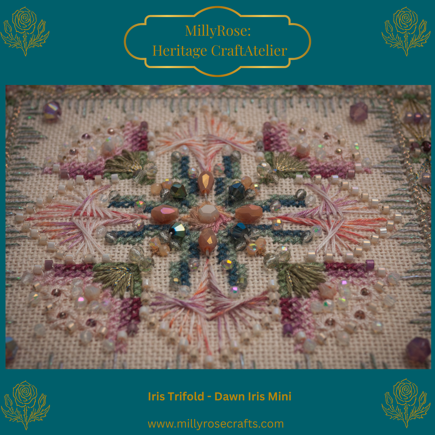 IMAKE Iris Trifold: Dawn Iris Mini Luxury Cross Stitch & Mixed Media Needlework Kit Bead & Silk Embroidery