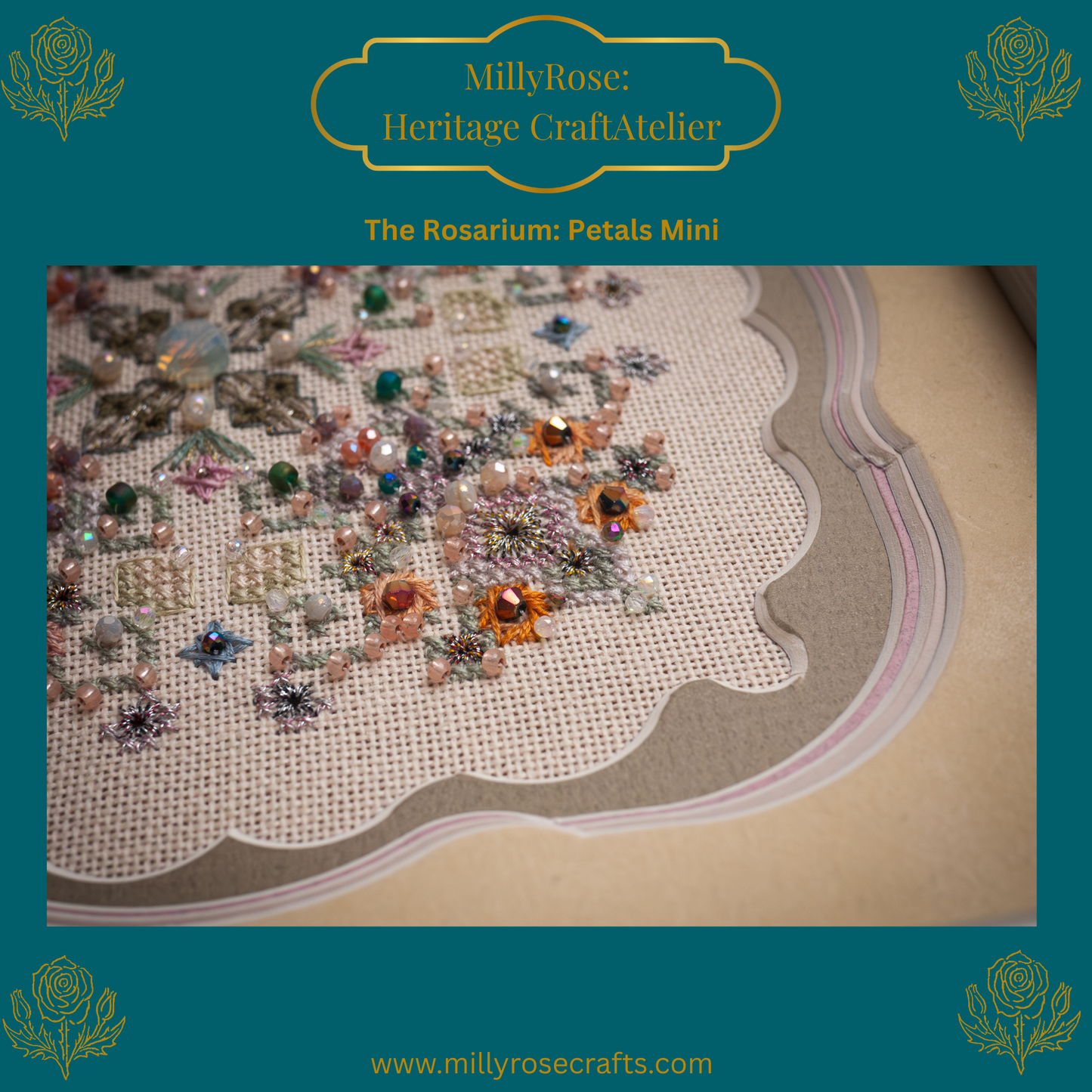 "Rosarium Petals Mini" Luxury Cross Stitch & Beading Kit Garden Series 2 Series by IMake – 28ct Imported Zweigart Linen & Hand-Dyed Silk