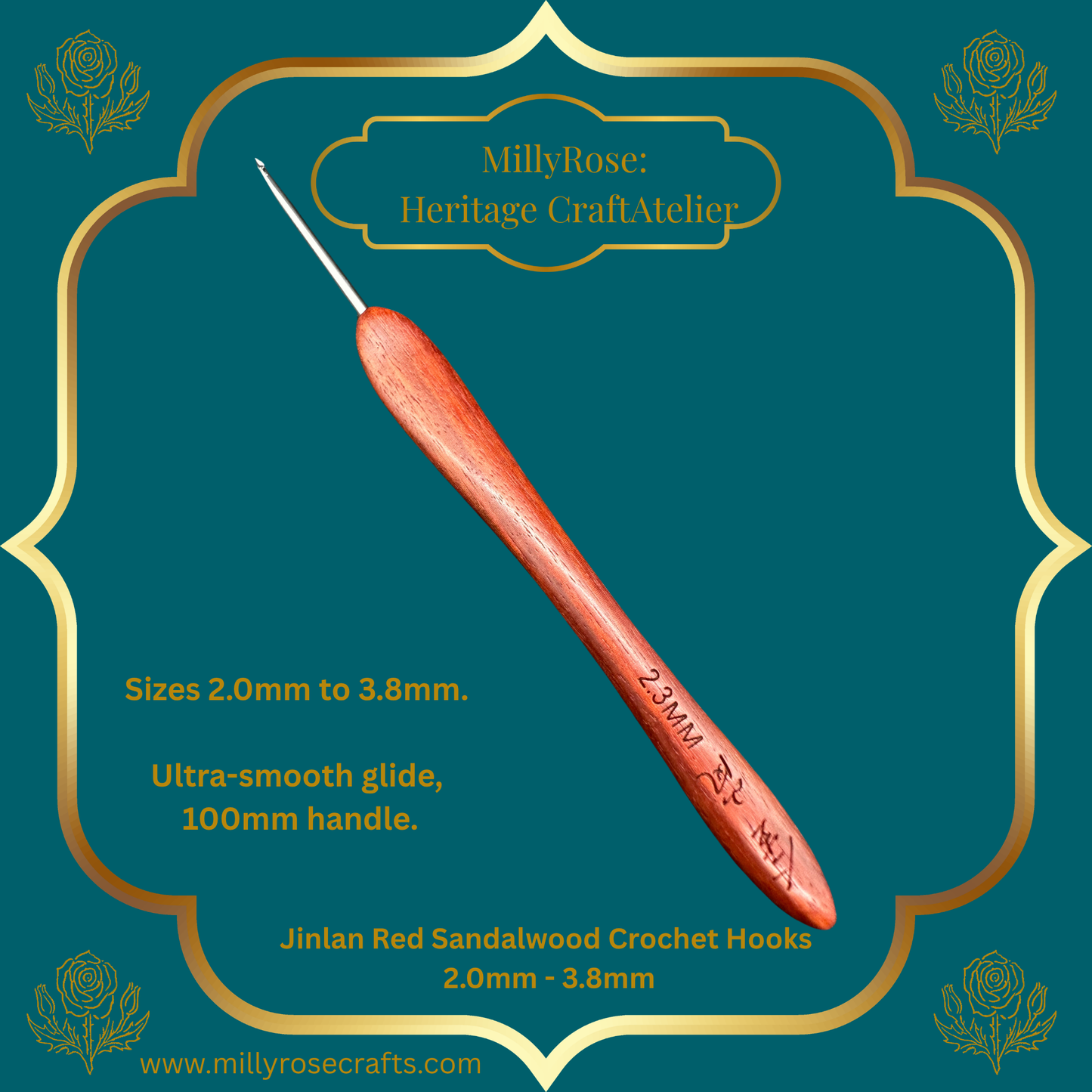 Jinlan Red Sandalwood Crochet Hook, Micro Crochet 2.0mm to 3.8mm High End Ergonomic Crochet Tool, Luxury Handcrafted Lace Hook, Heirloom Fiber Arts Gift, 100mm Handle