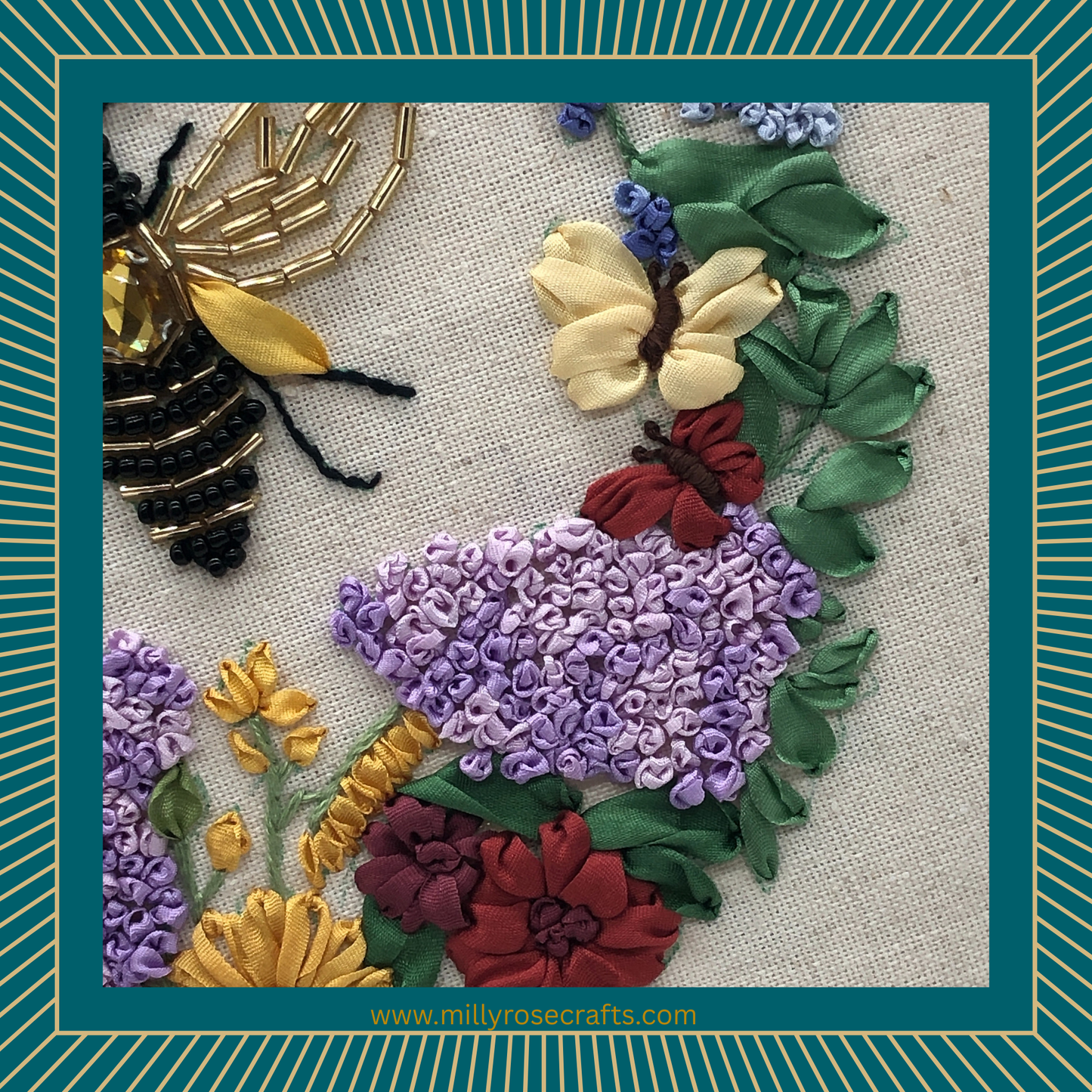 Beaded Bee & Mulberry Silk Ribbon Embroidery Kit | Heritage Craft Wreath Design by MillyRose