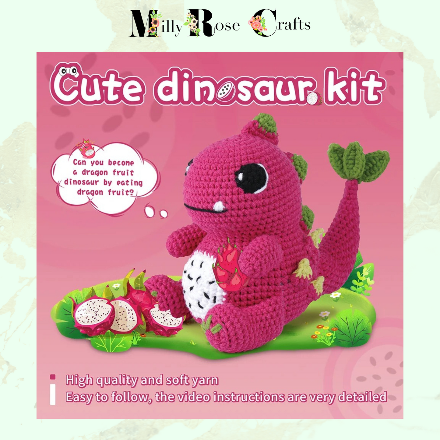 Pink Dinosaur Crochet Kit, Amigurumi Dragon Crochet Kit Beginner Knitting Kit Craft Gift Idea